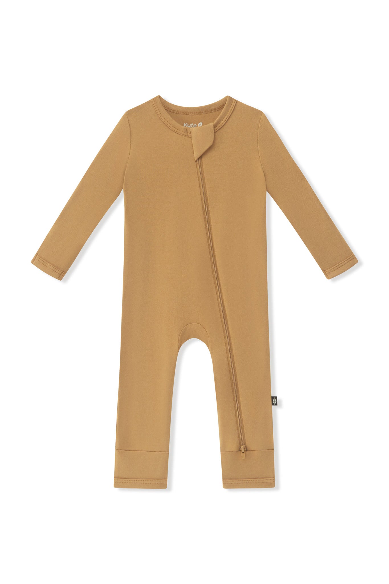 Zippered Romper in Ochre on a white background