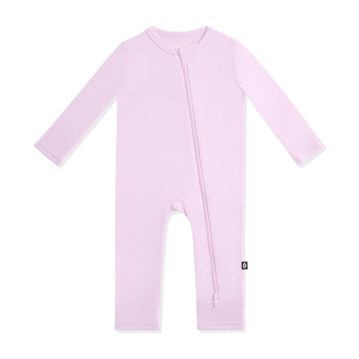 Lavender baby romper with a zipper on a white background