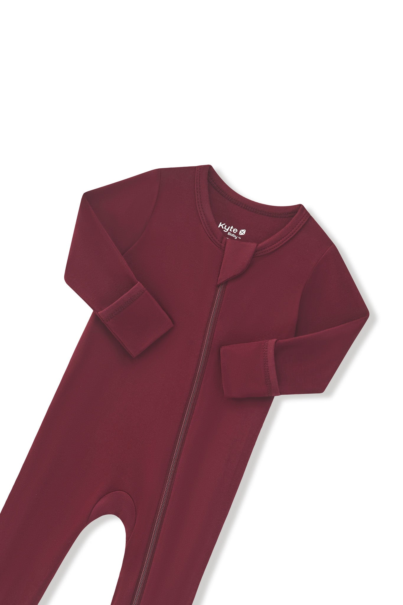 Zipper garage and fold over hand cuffs on the Zippered Footie in Burgundy on a white background