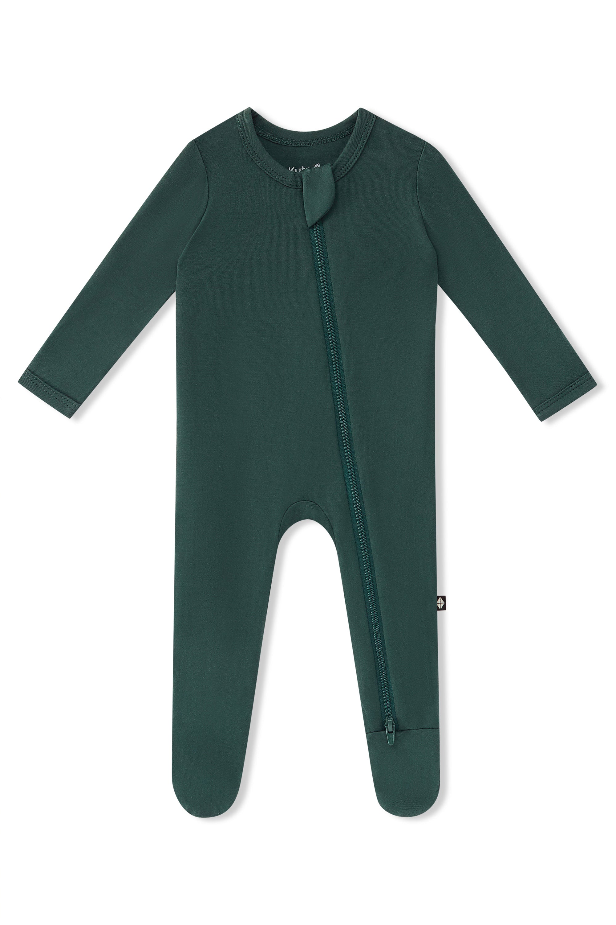 A dark green zippered footie with a front zipper, displayed flat against a white background.
