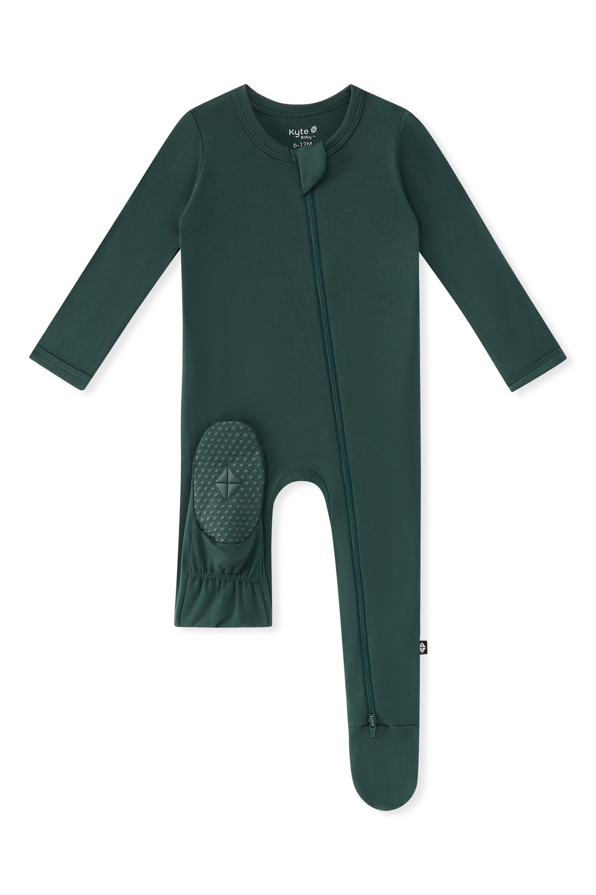 A dark green zippered footie with a front zipper and a dotted footie, shown on a plain white background.