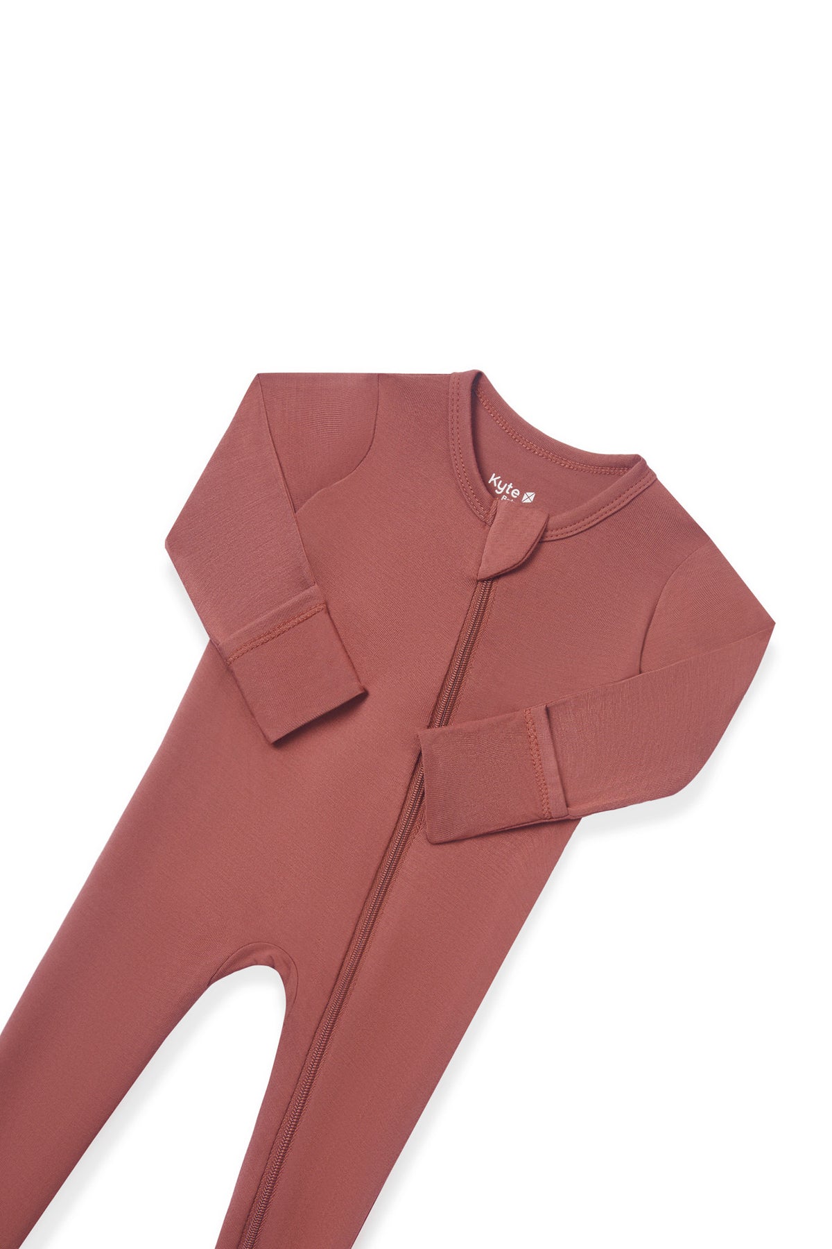Zipper garage and fold over hand cuffs on the Zippered Footie in Ember on a white background