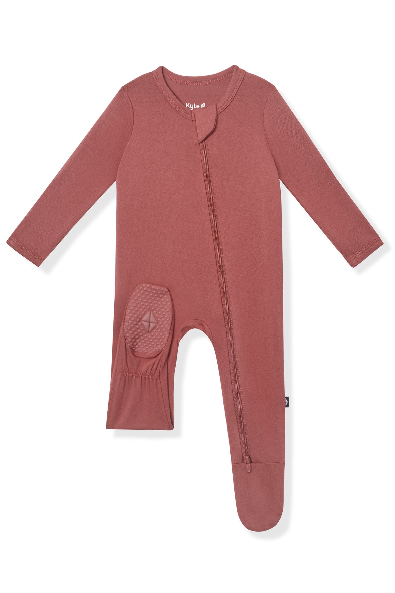 Zippered Footie in Ember with dotted footie on a white background