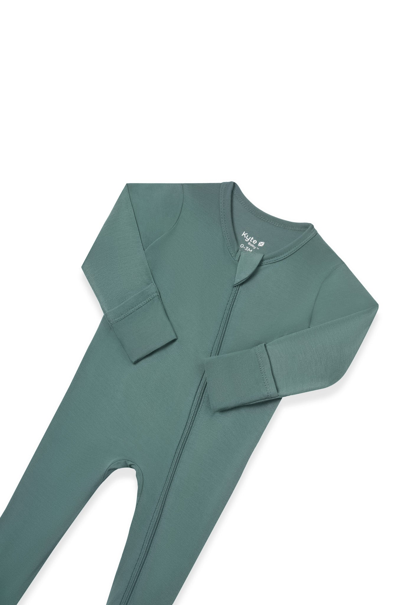 Zipper garage and fold over hand cuffs on the Zippered Footie in Pine on a white background