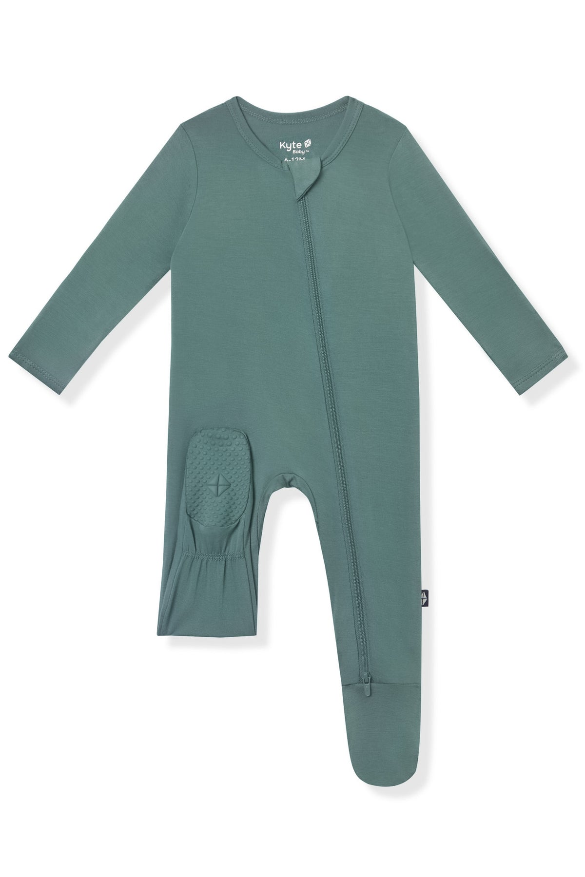 Zippered Footie in Pine with dotted footie on a white background