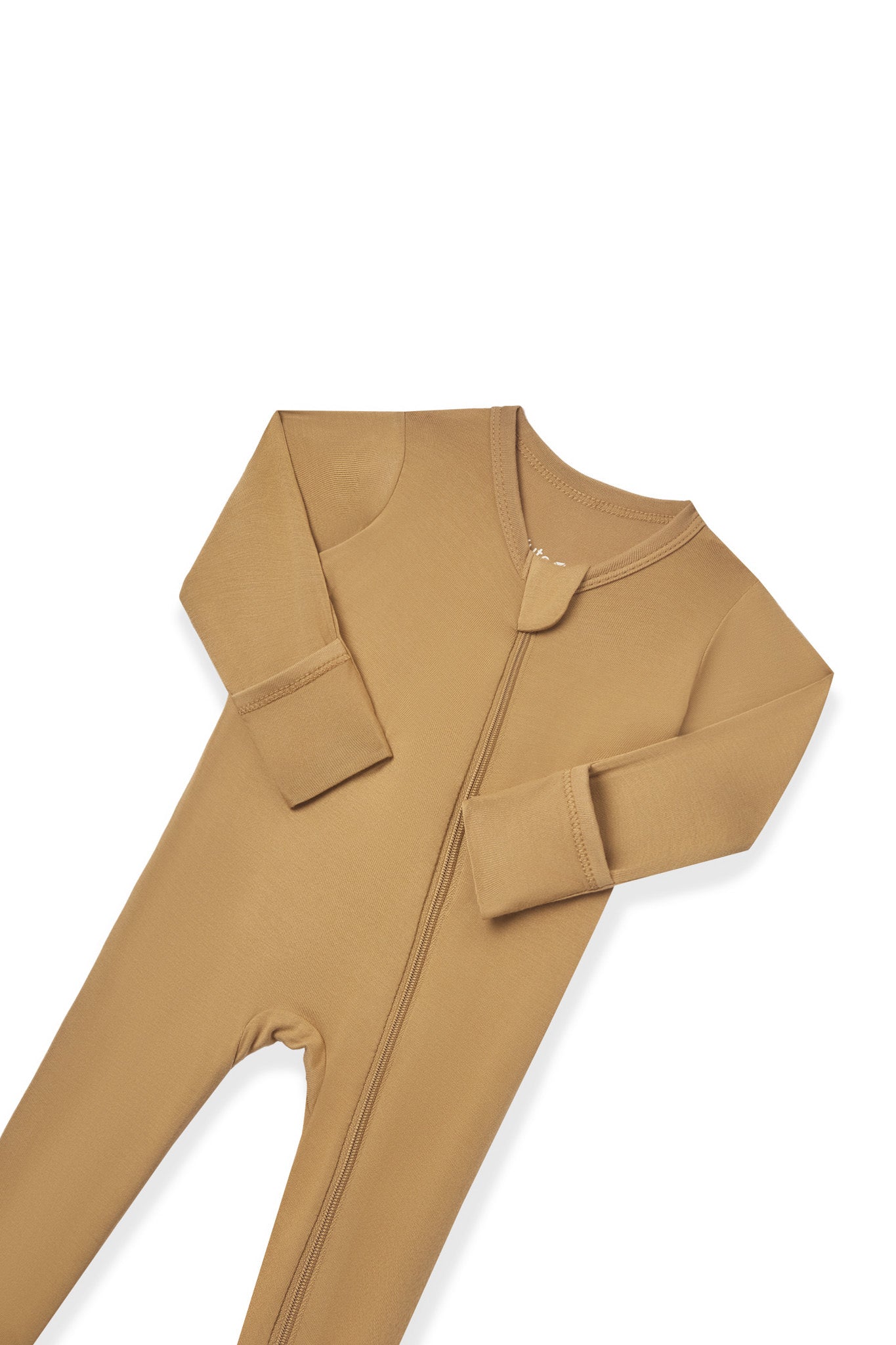 Zipper garage and fold over hand cuffs on the Zippered Footie in Ochre on a white background
