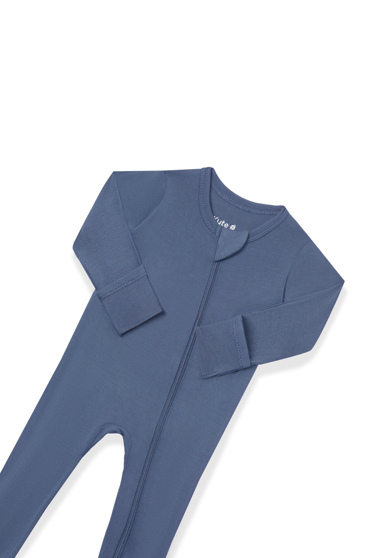 Zipper garage and fold over hand cuffs on the Zippered Footie in Oxford on a white background