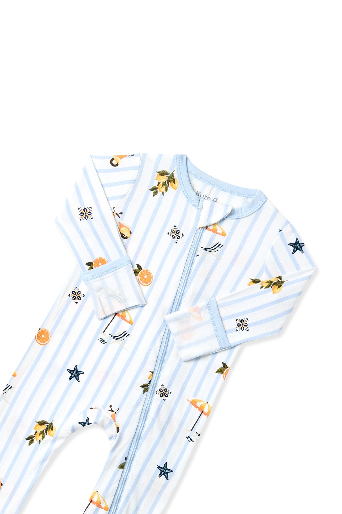 Zipper garage and fold over hand cuffs shown on the Zippered Romper in Amalfi Coast