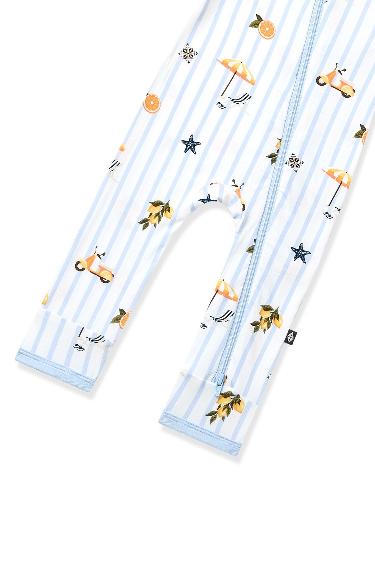 Zipper closure shown on the leg of the Zippered Romper in Amalfi Coast
