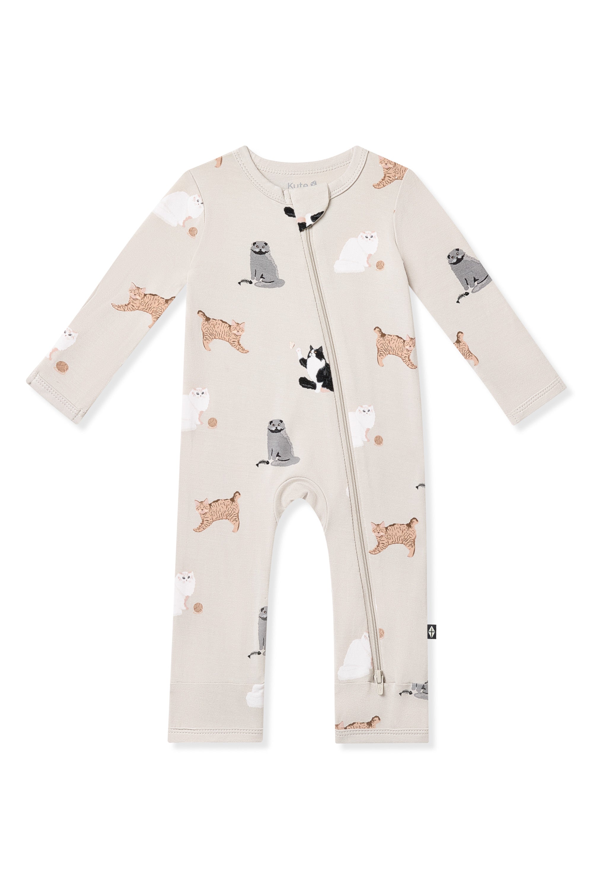 Zippered Romper in Fluffy Cat on a white surface