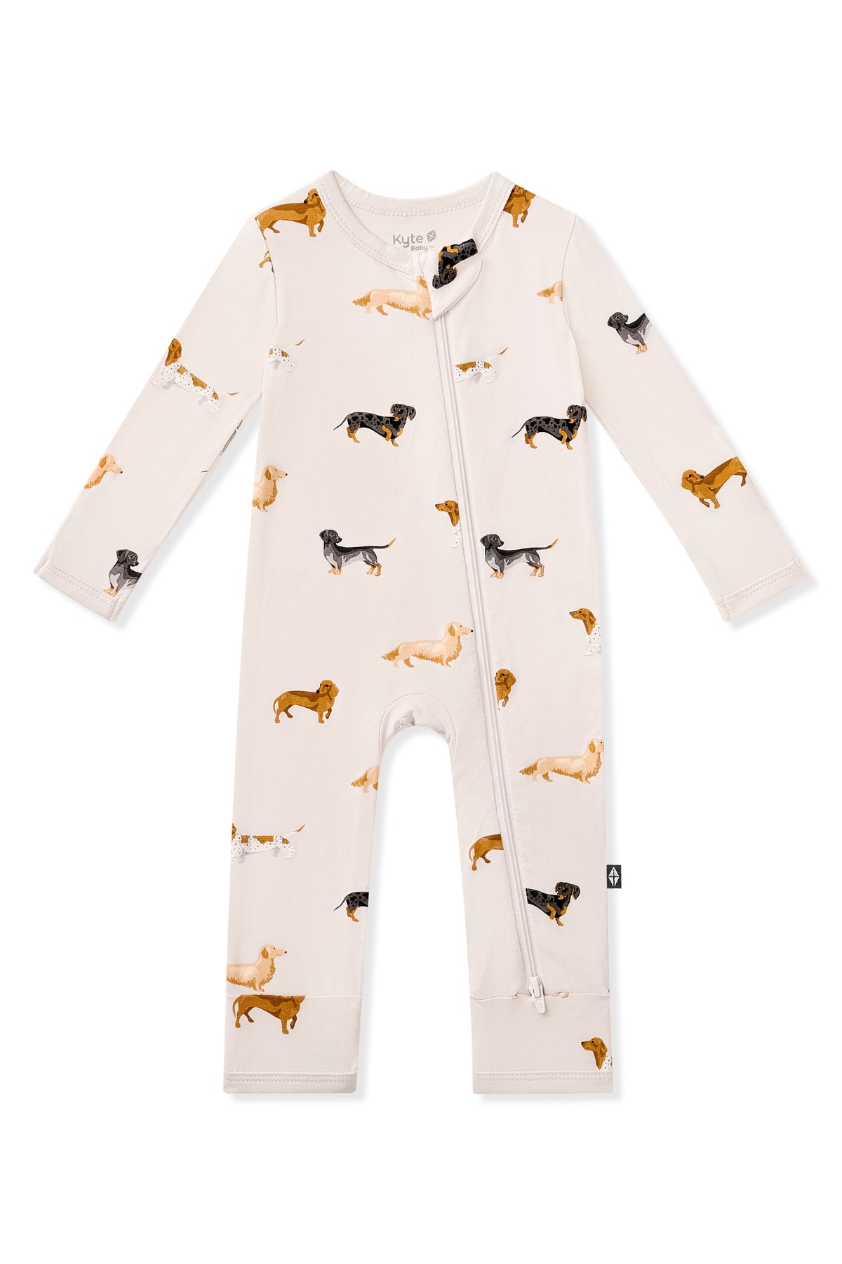 Beige Zippered Romper in Dachshund print on a white background