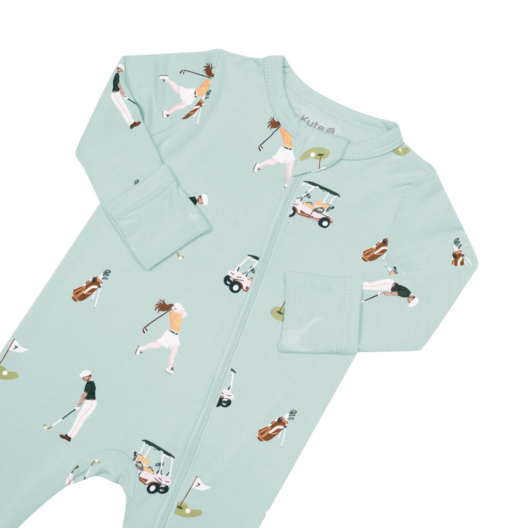 Zipper garage and fold over cuffs on Kyte Baby Zippered Romper in Golf