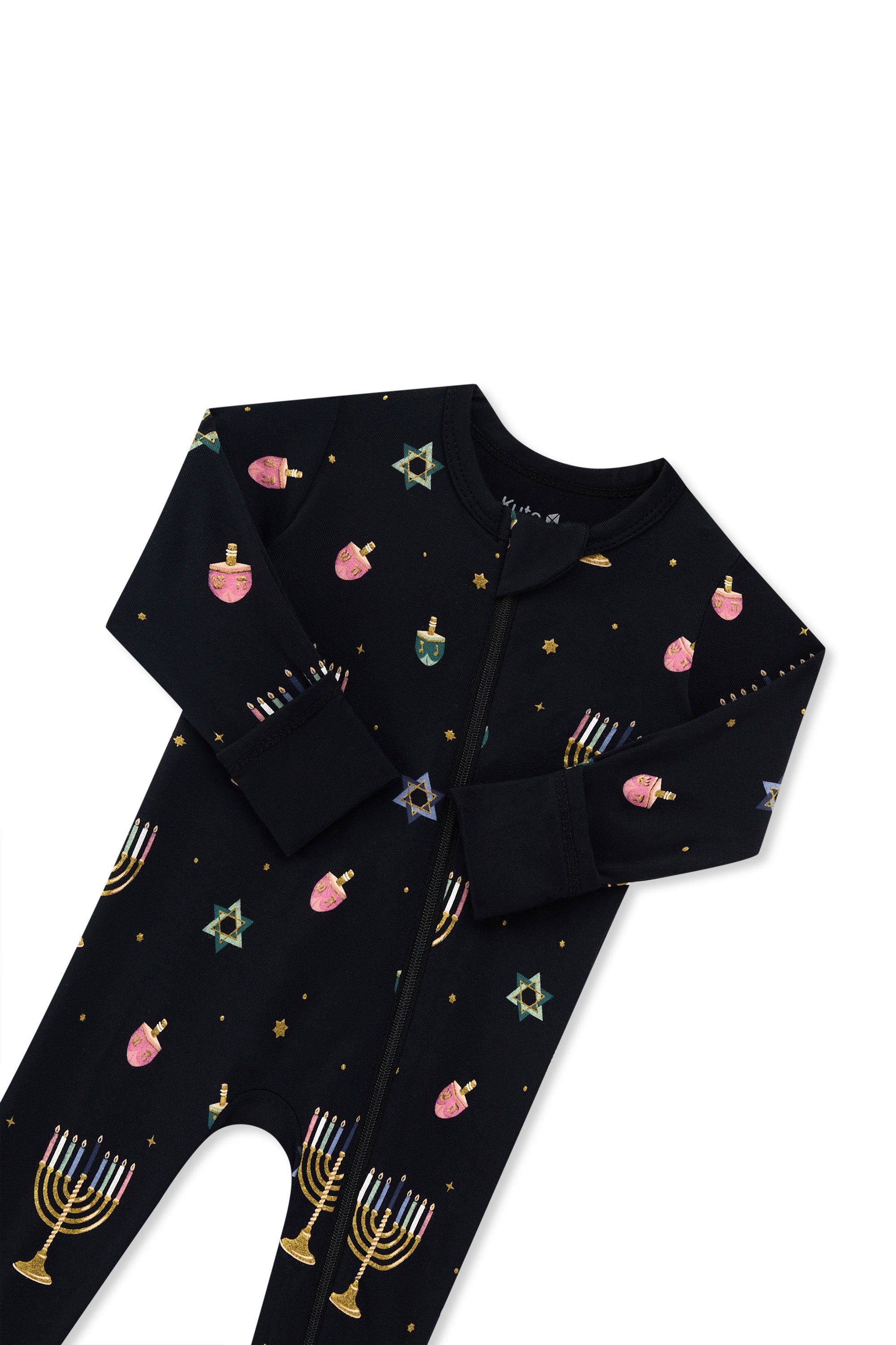 Black Zippered Romper in Hanukkah Nights print with zipper garage on a white background