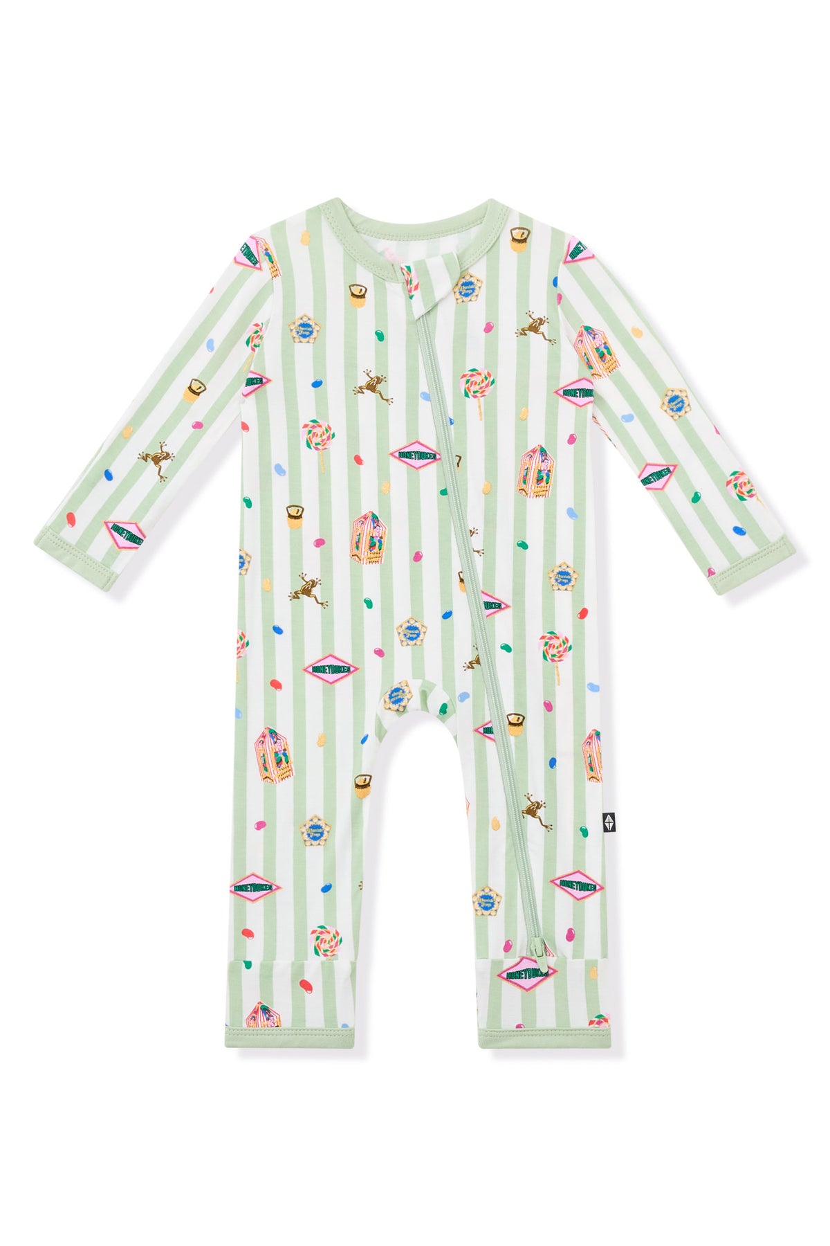 Green and white striped zippered romper with colorful Harry Potter patterns on a white background