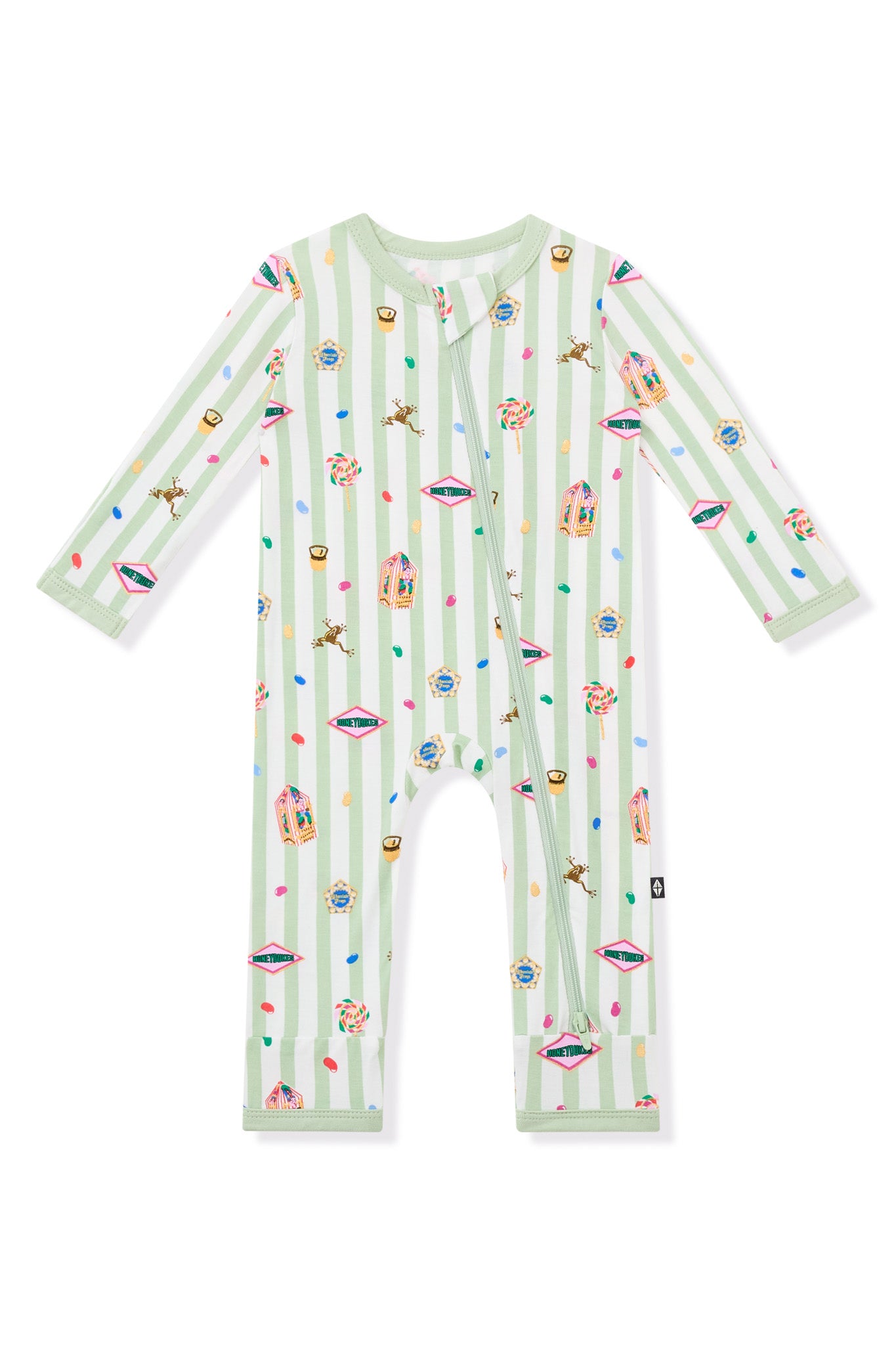 Green and white striped zippered romper with colorful Harry Potter patterns on a white background