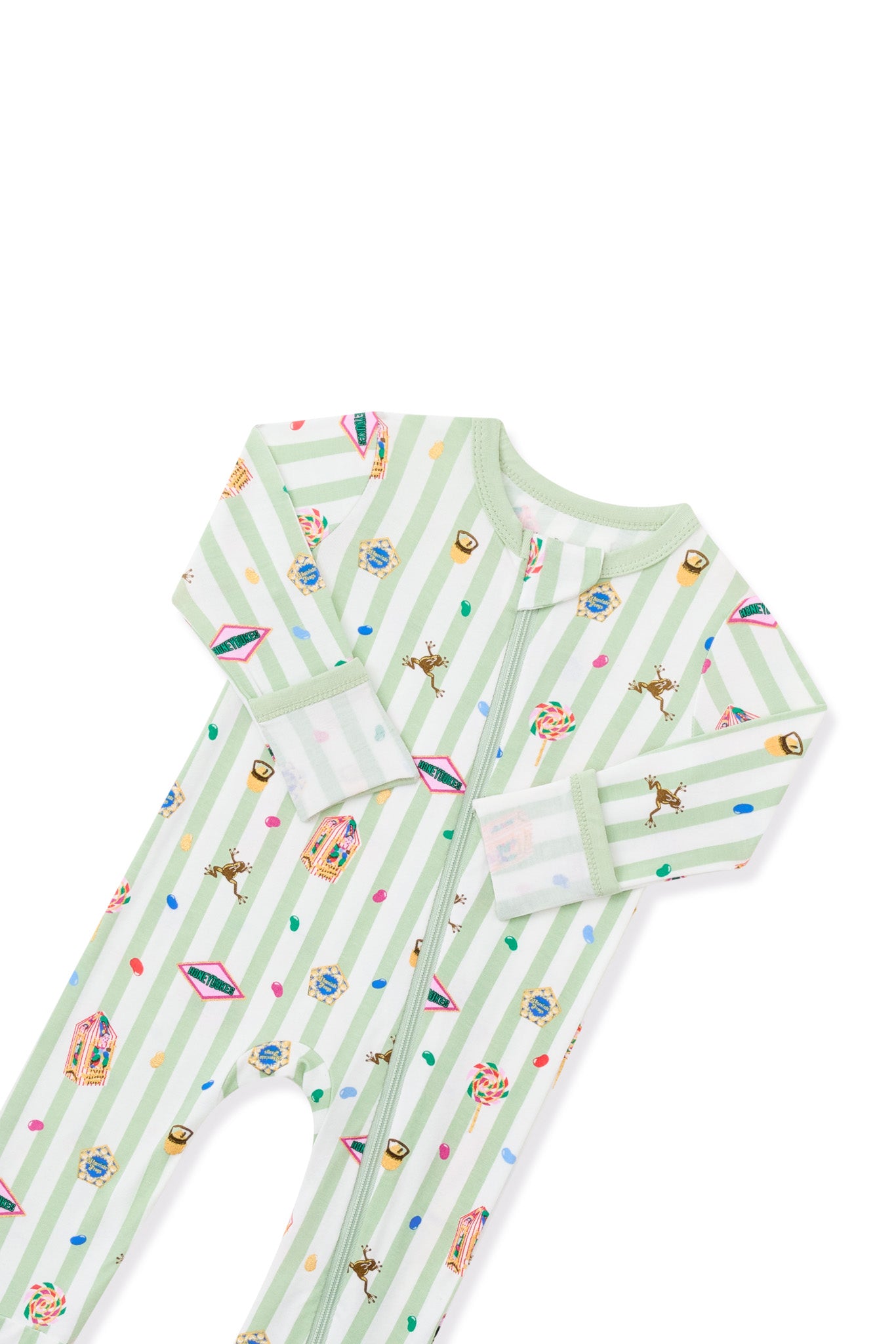 Top part of Green and white striped zippered romper with colorful Harry Potter patterns on a white background