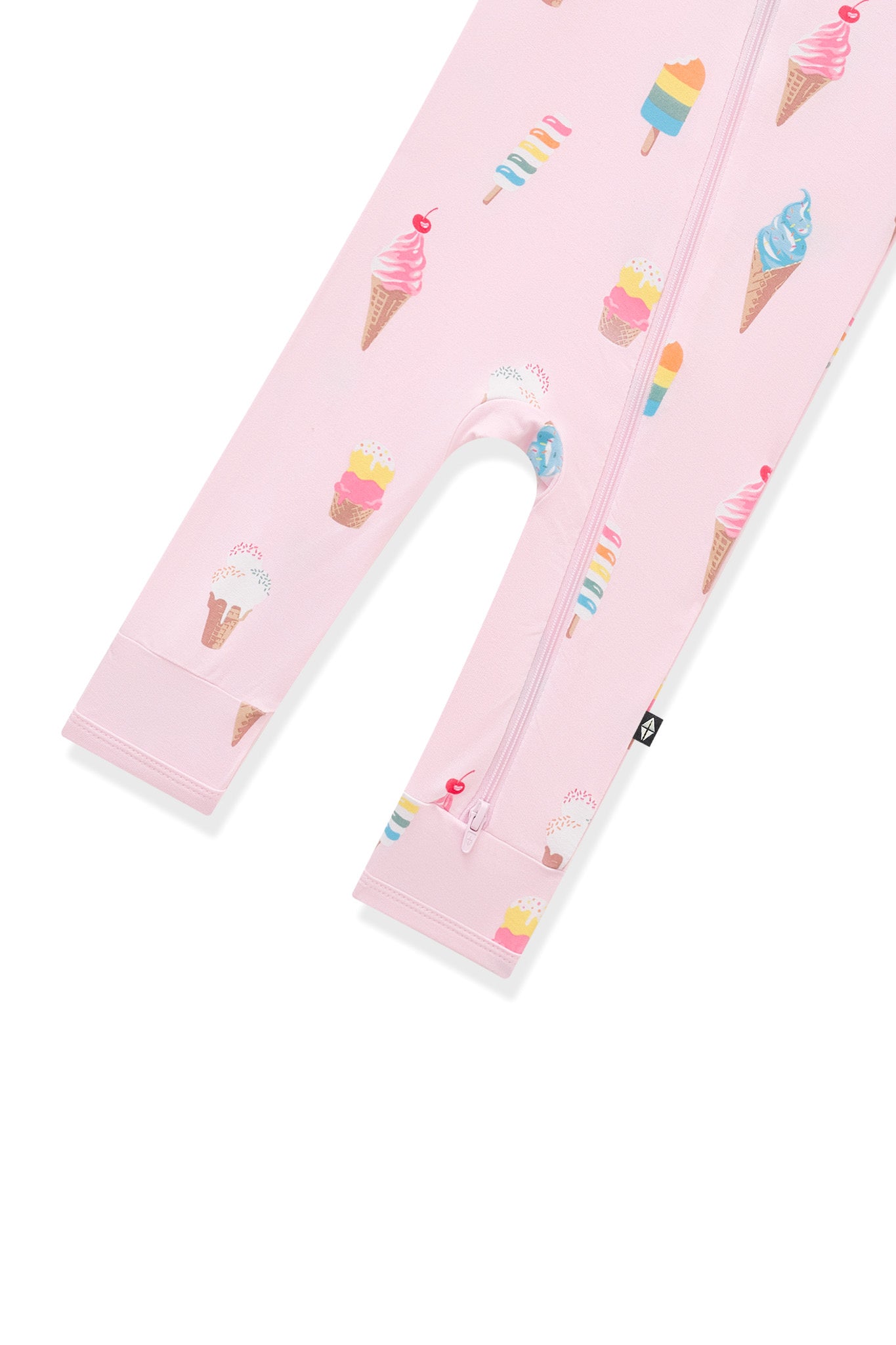 Bottom part of pink Zippered Romper in Ice Cream print on white background