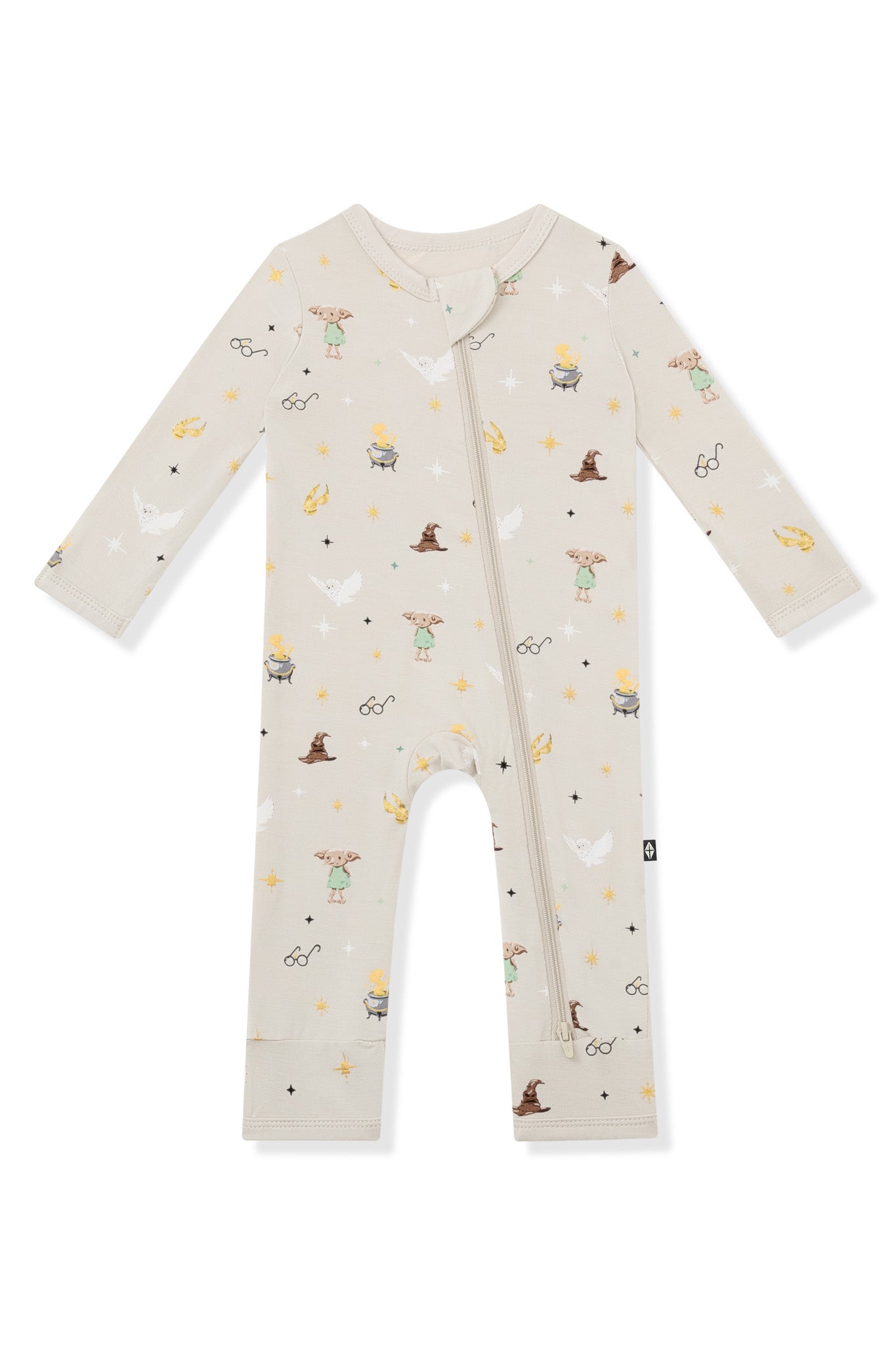 Beige Harry Potter patterned Zippered Romper on a white background