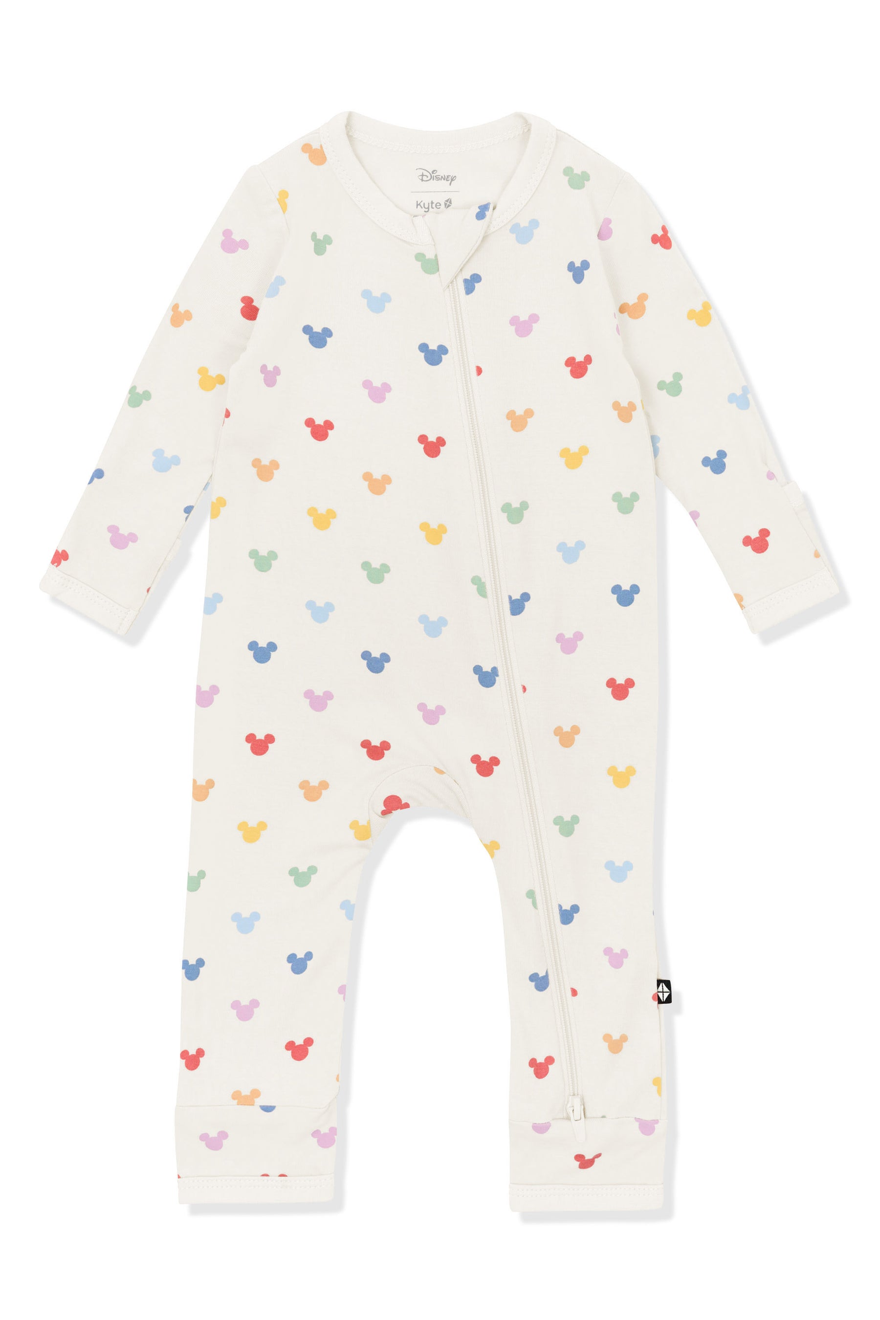 Baby Zippered Romper with Pastel Mickey Mouse pattern on an oat background