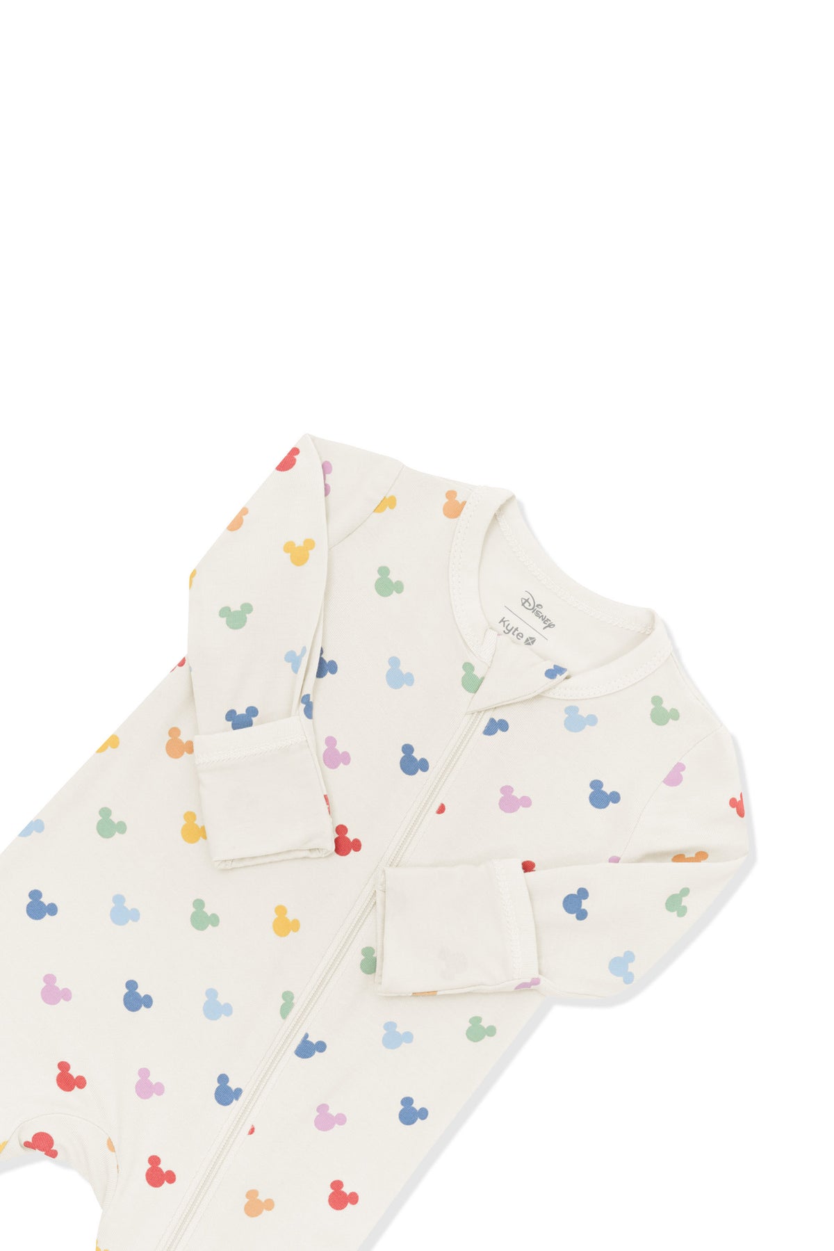 Top part of Zippered Romper in Pastel Mickey Mouse pattern on an oat background