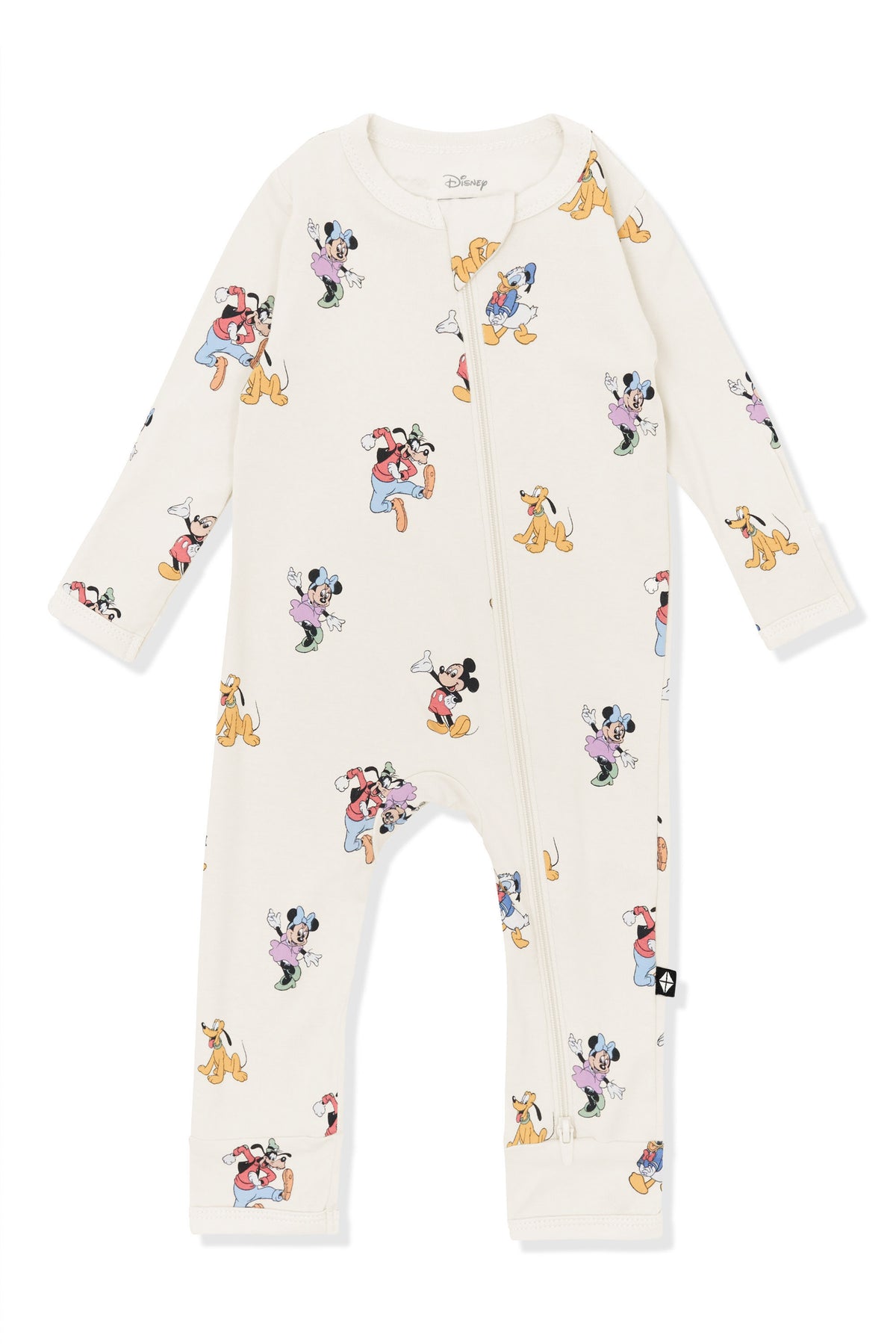 Baby Zippered Romper with Mickey Mouse and Friends print on an oat background