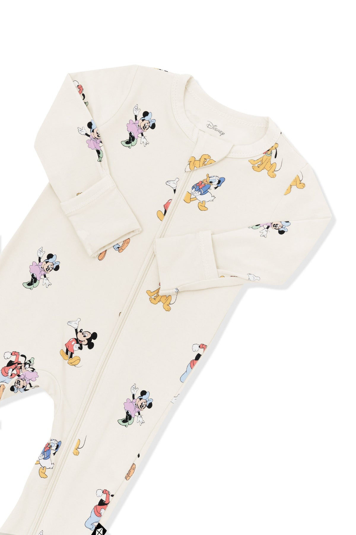 Top part of Zippered Romper in Mickey Mouse and Friends print on an oat background