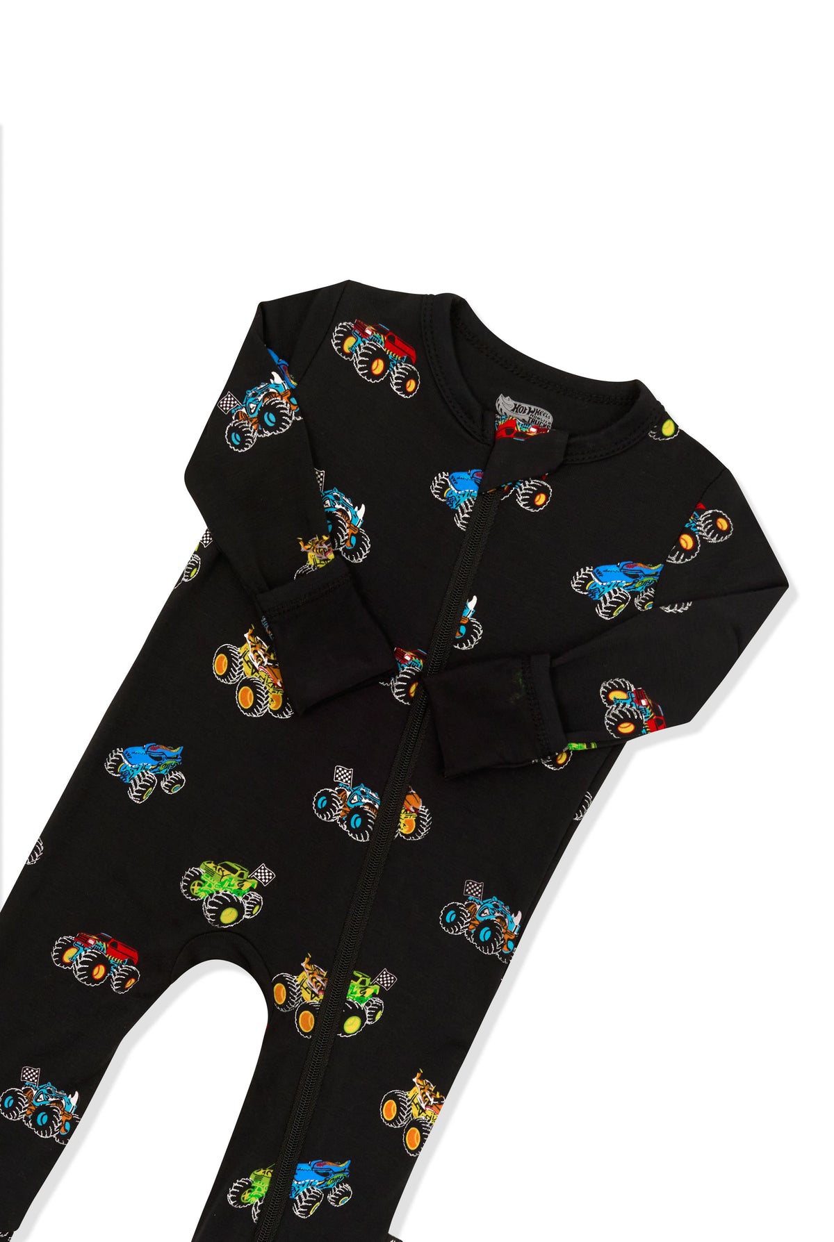 Top part of Zippered Romper in Monster Truck print on white background