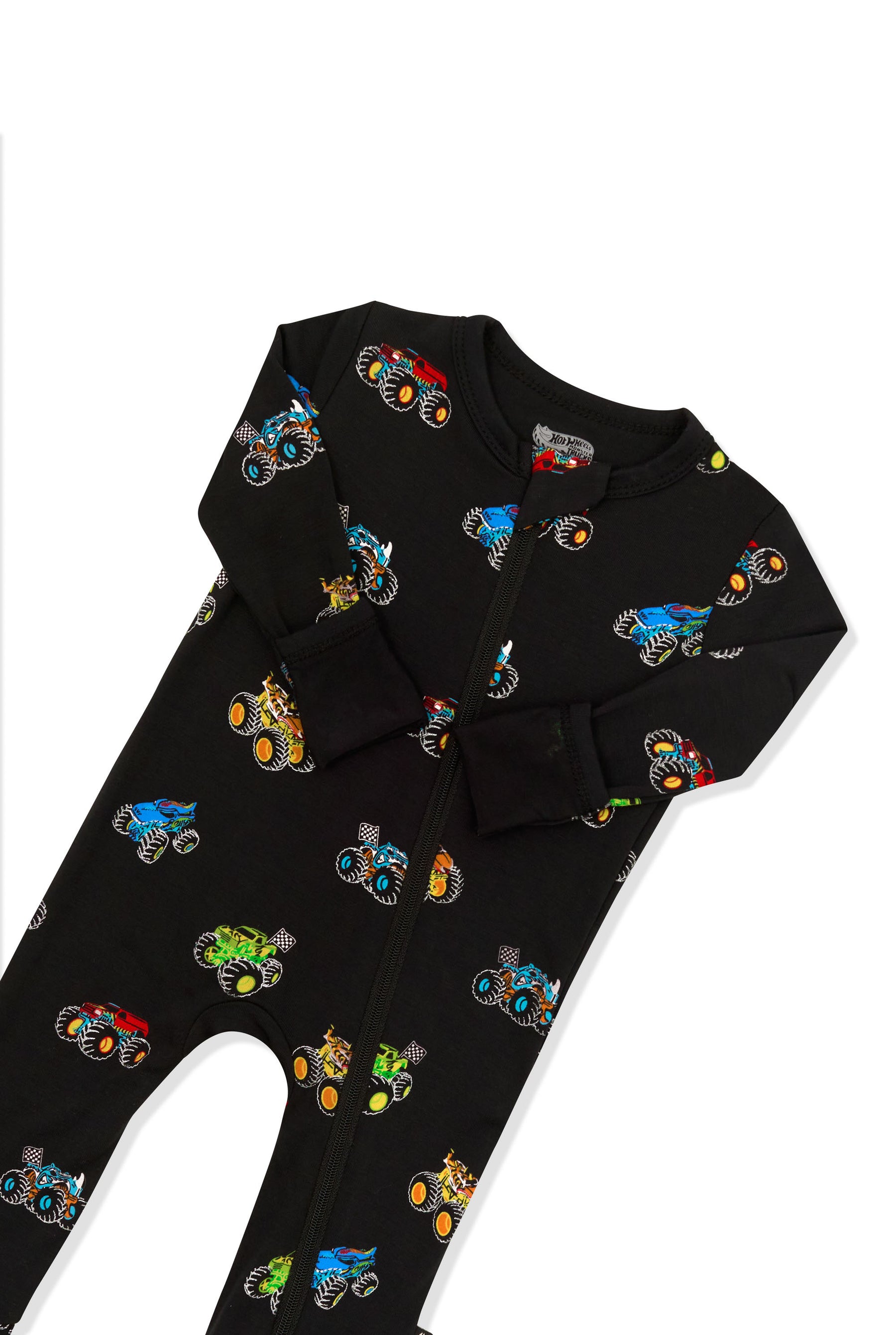 Top part of Zippered Romper in Monster Truck print on white background
