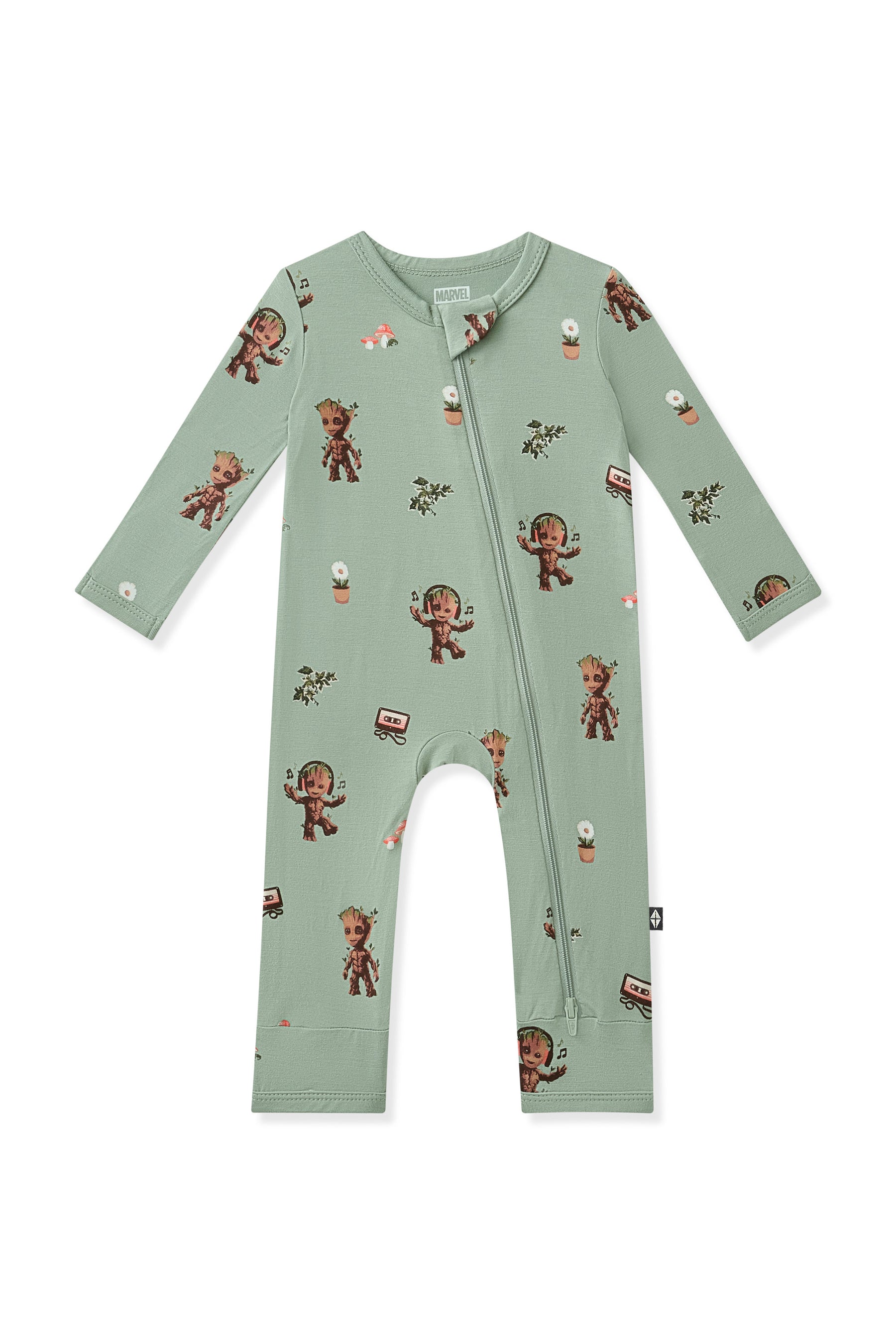 Green Zippered Romper in Groot print on white background