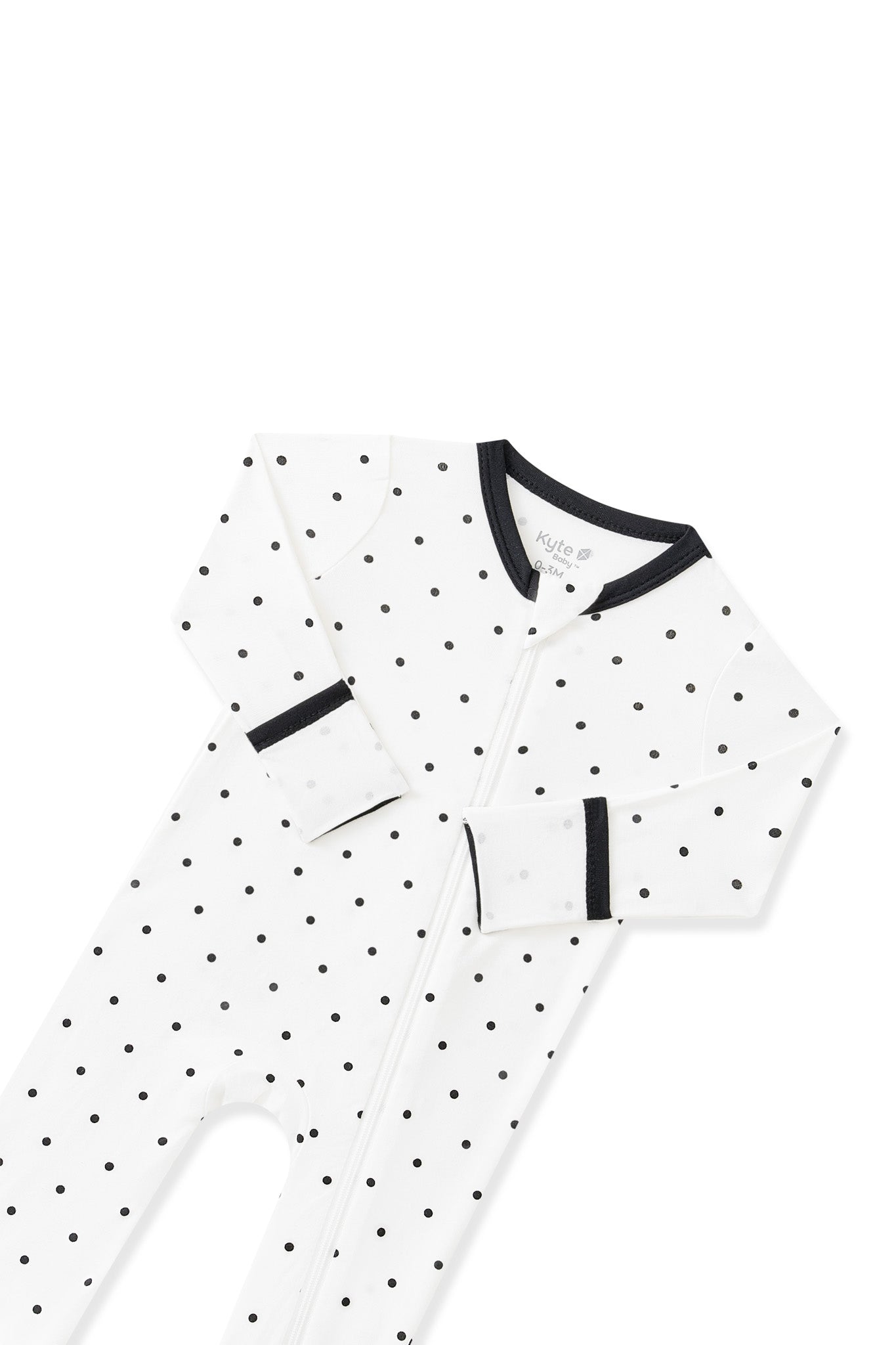 Top part of Zippered Romper in Midnight Polka Dot with black trim on white background