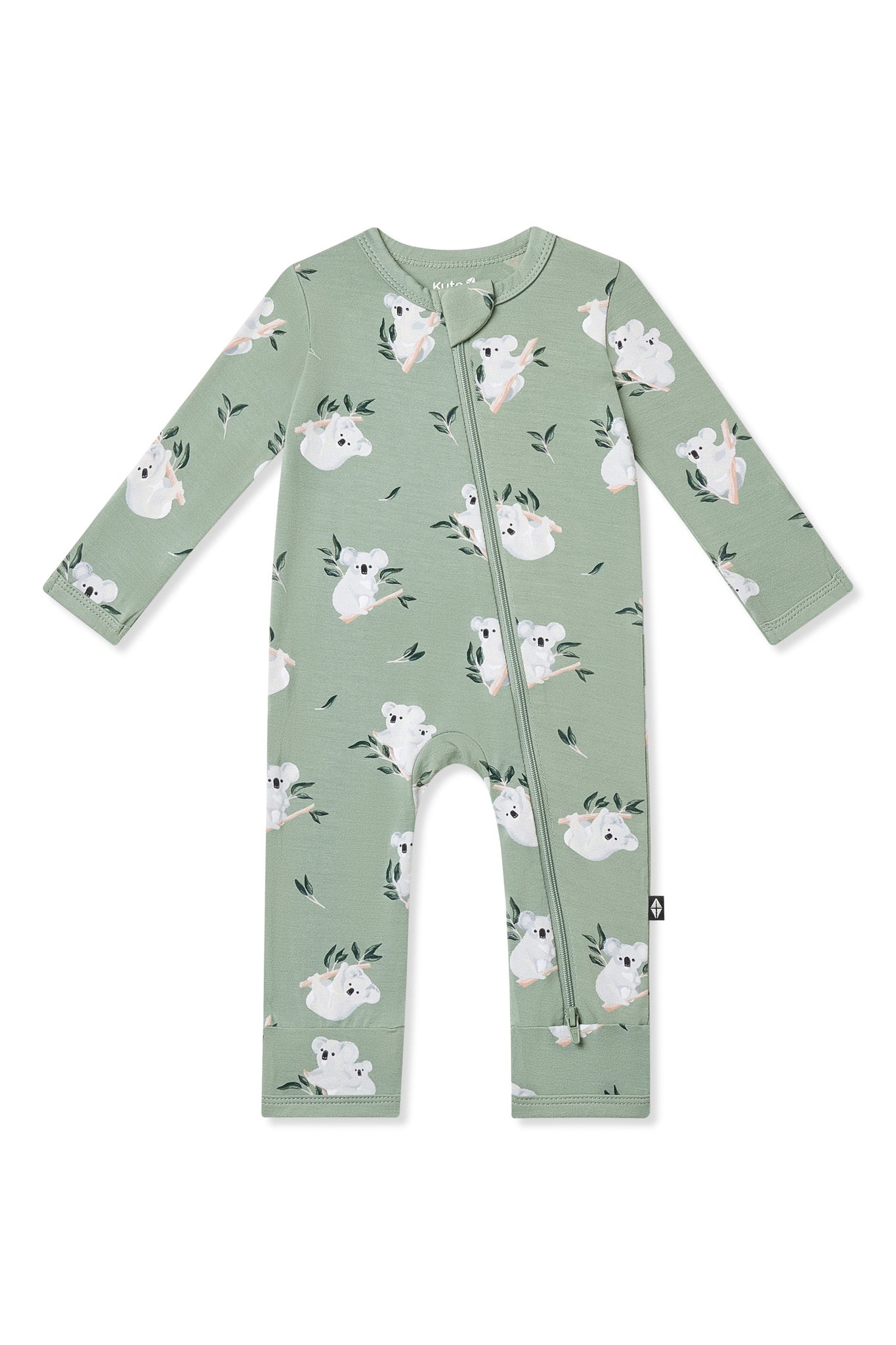 Zippered Romper in Koala shown on a white background