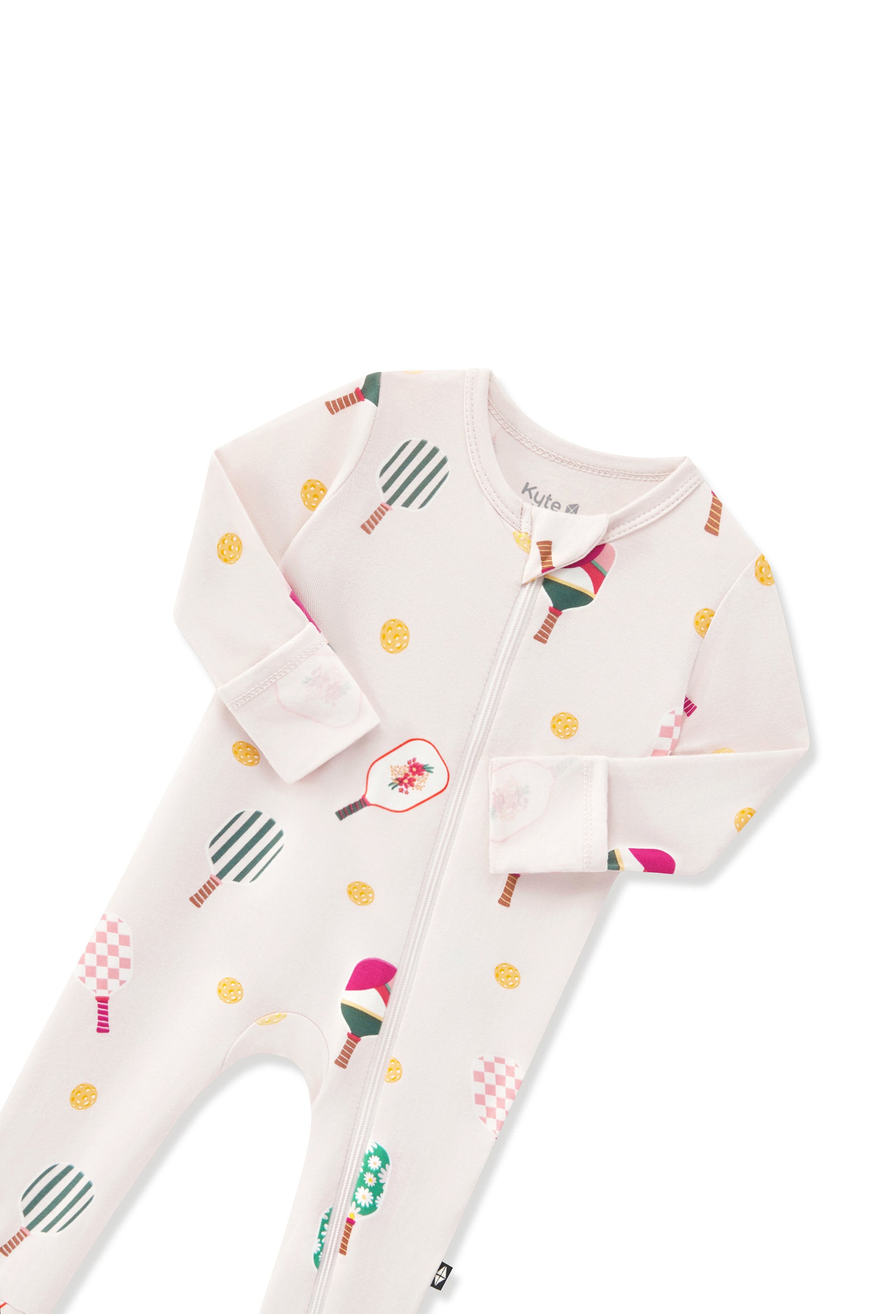 Zippered Romper in Pickleball print with zipper garage on a white background