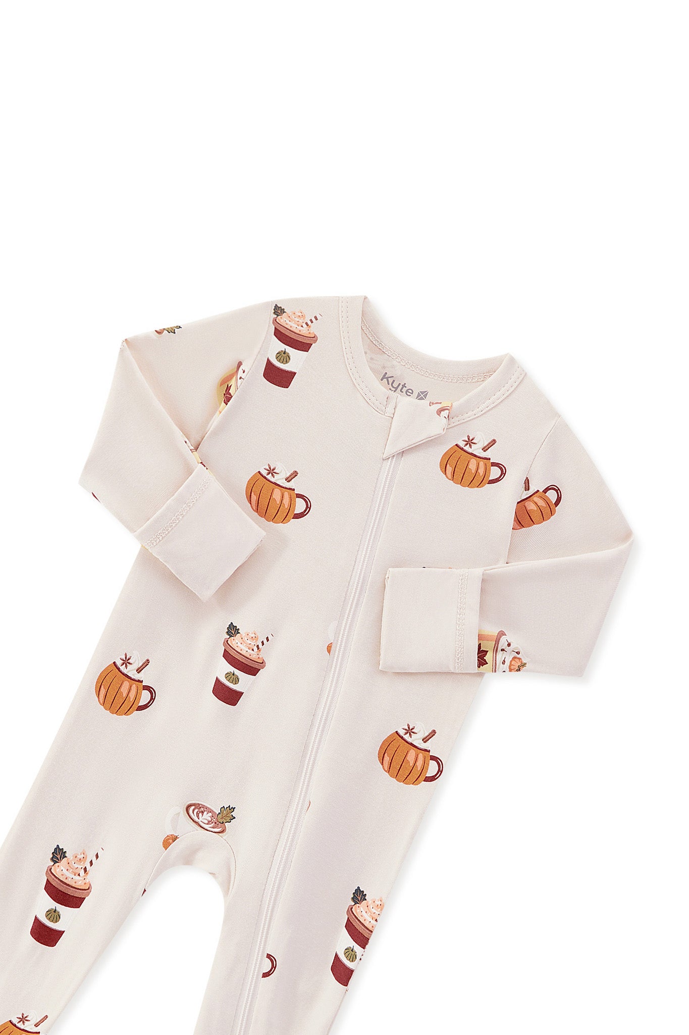 Zippered Romper in Pumpkin Spice Latte print with zipper garage on a white background