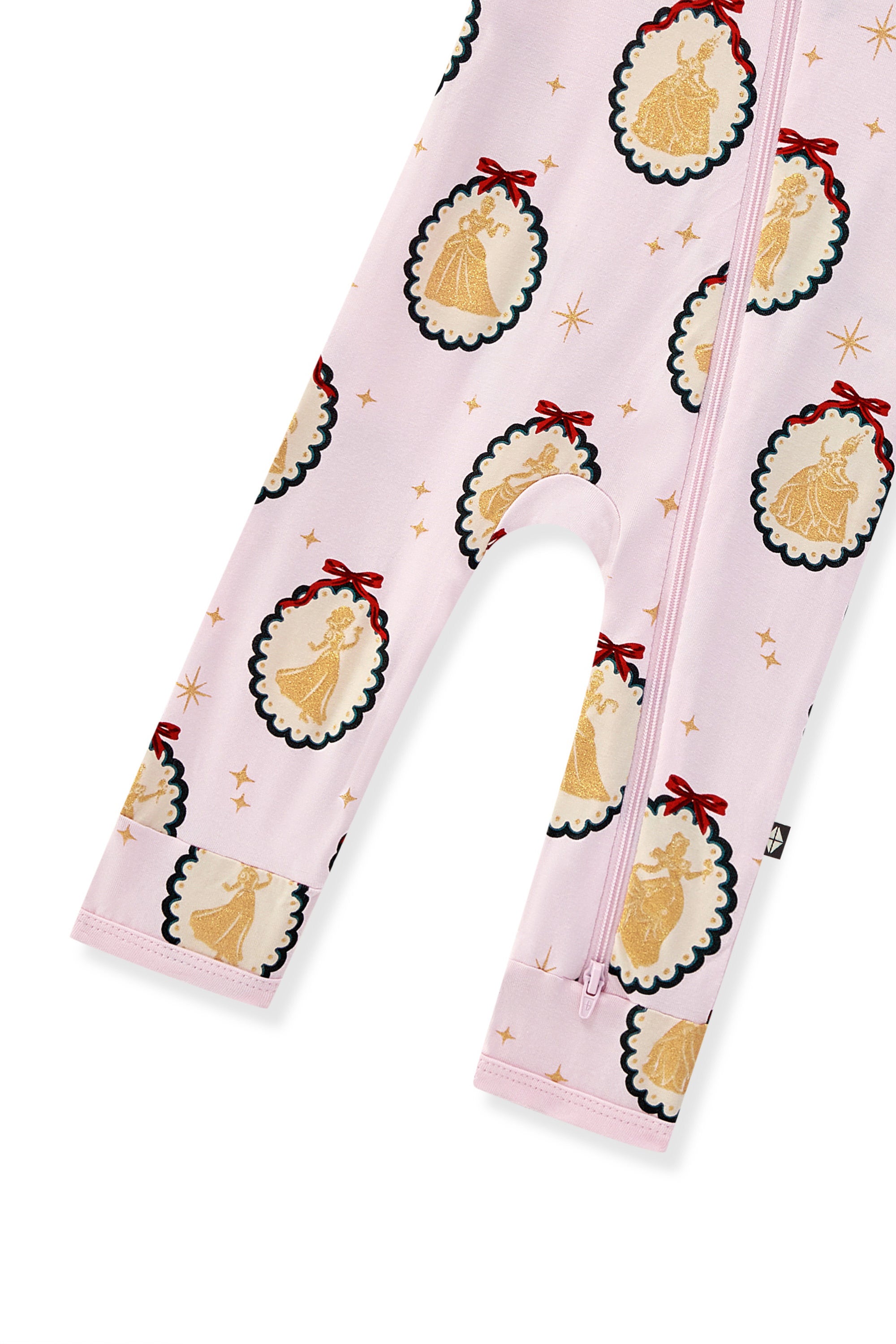 Bottom part of Zippered Romper in Princess Holiday Portraits print on a white background