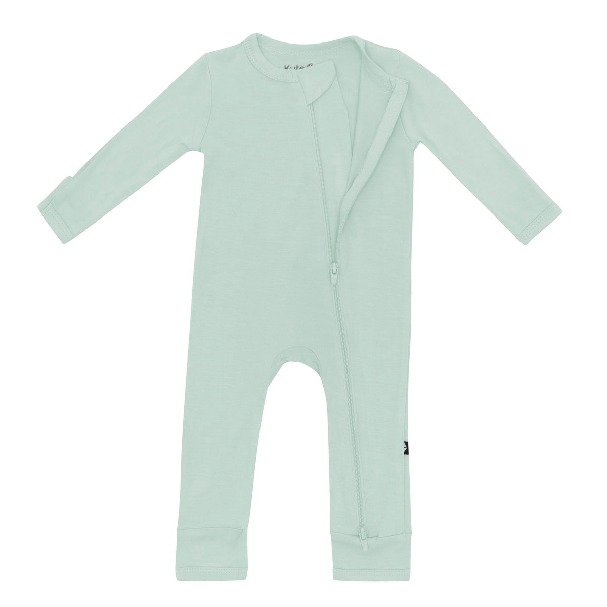 Partially unzipped dual zipper on Zippered Romper in Sage