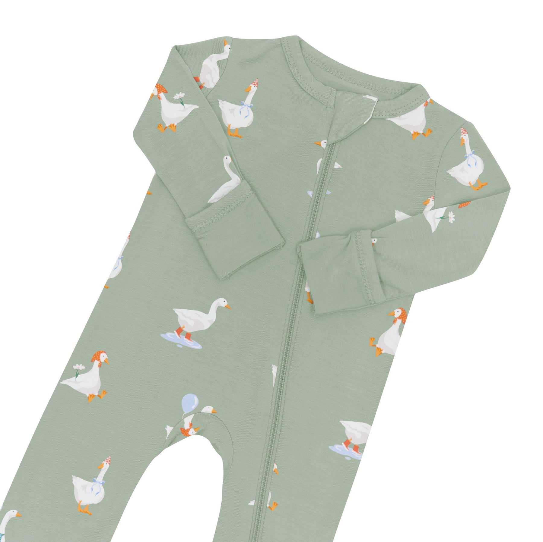 Close up of the zipper garage and fold over hand cuffs on the Zippered Romper in Silly Goose