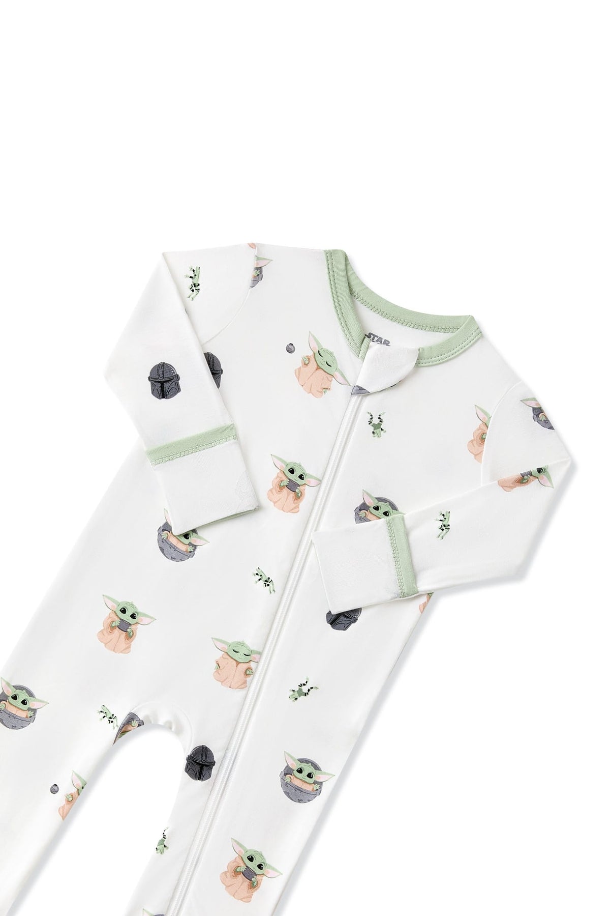 Close up of the zippered garage and fold over hand cuffs on the Zippered Romper in Grogu™