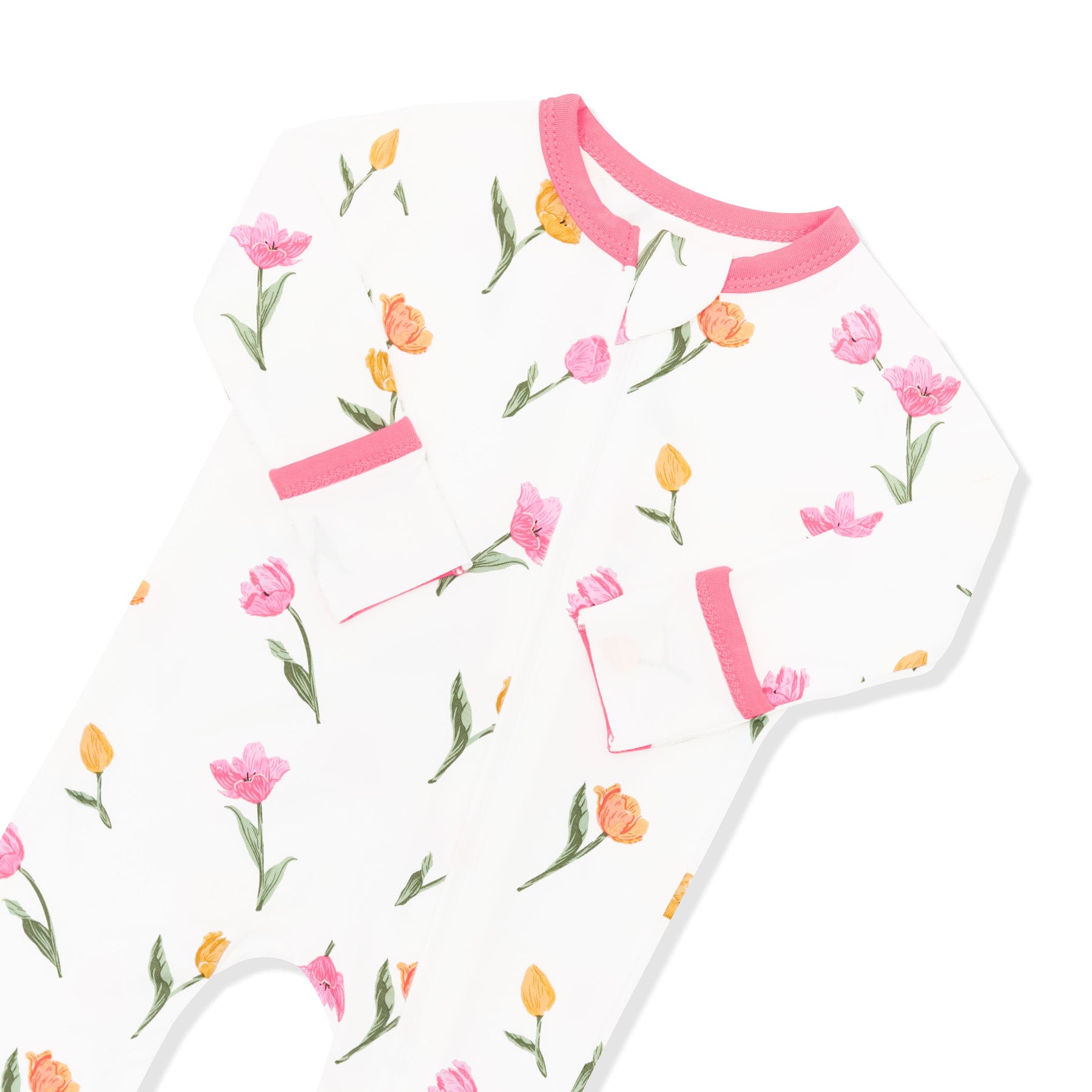 Zipper garage and fold over hand cuffs shown on the Zippered Romper in Tulip