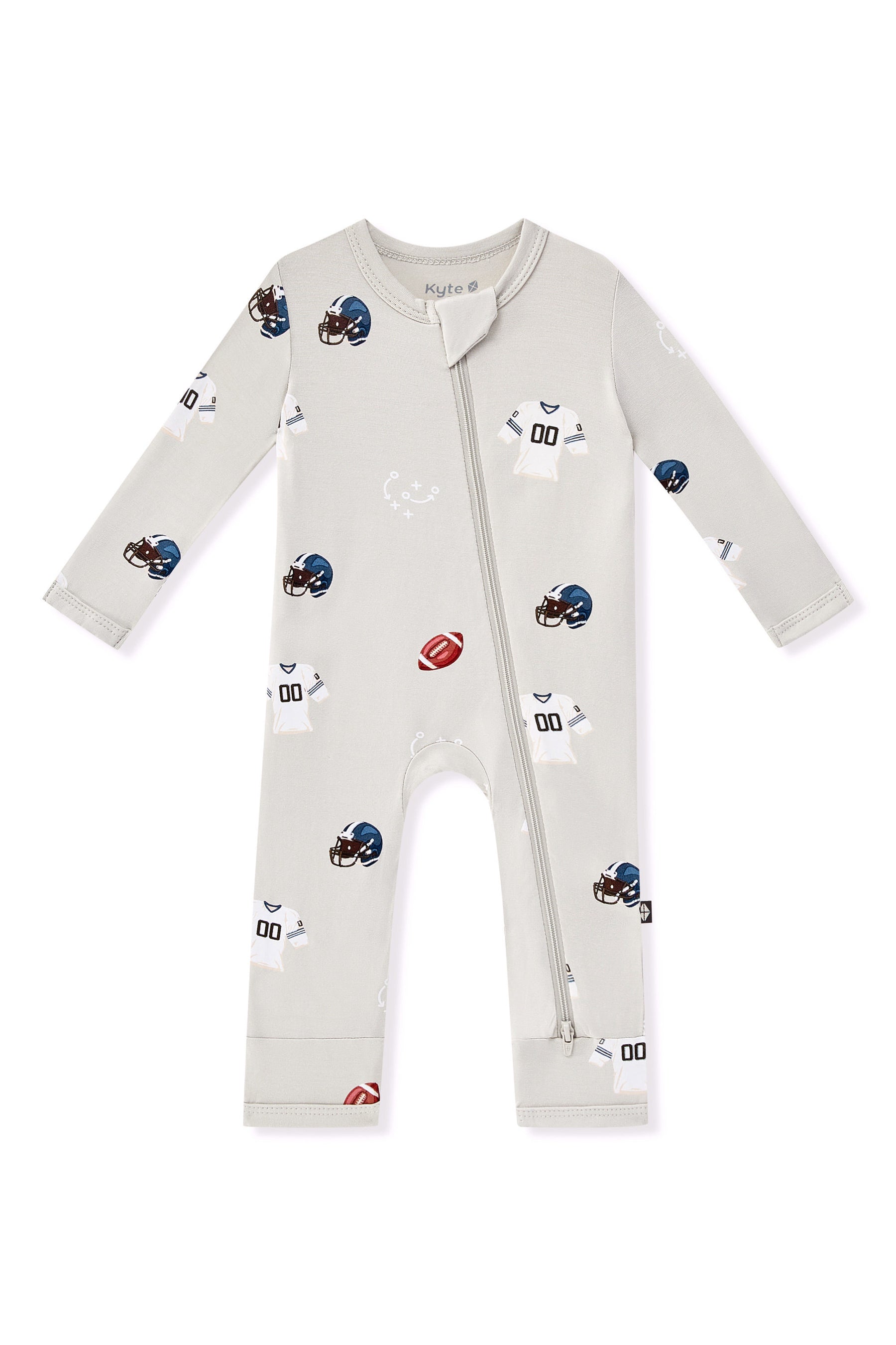 Zippered Romper in Vintage Football print on a white background