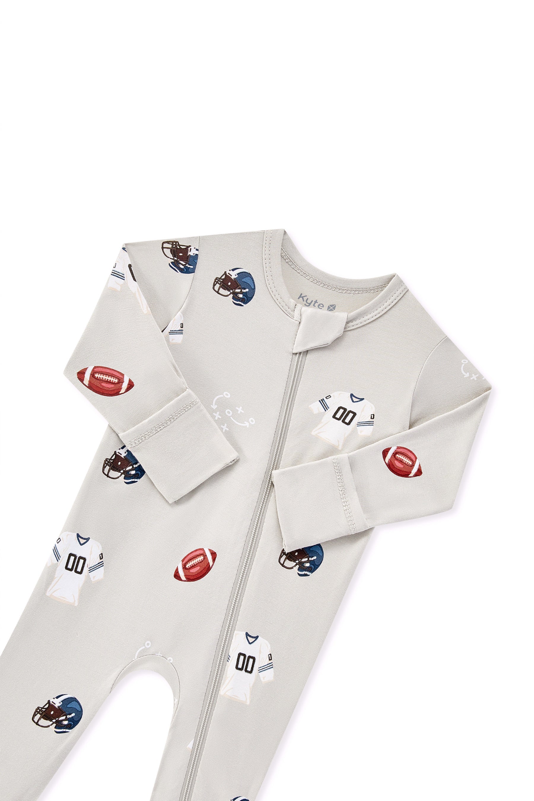 Zippered Romper in Vintage Football print with zipper garage on a white background