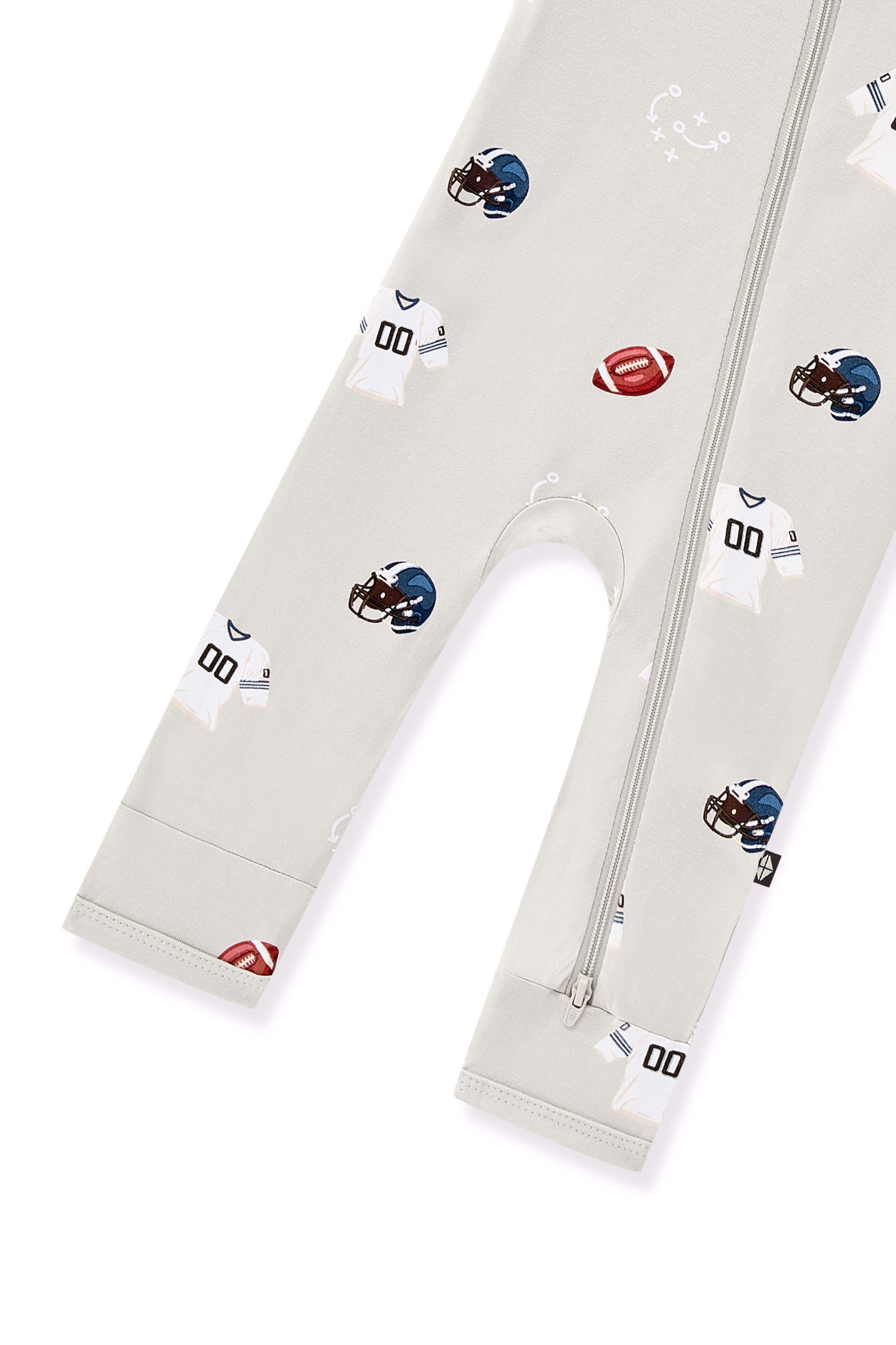 Bottom part of Zippered Romper in Vintage Football print on a white background