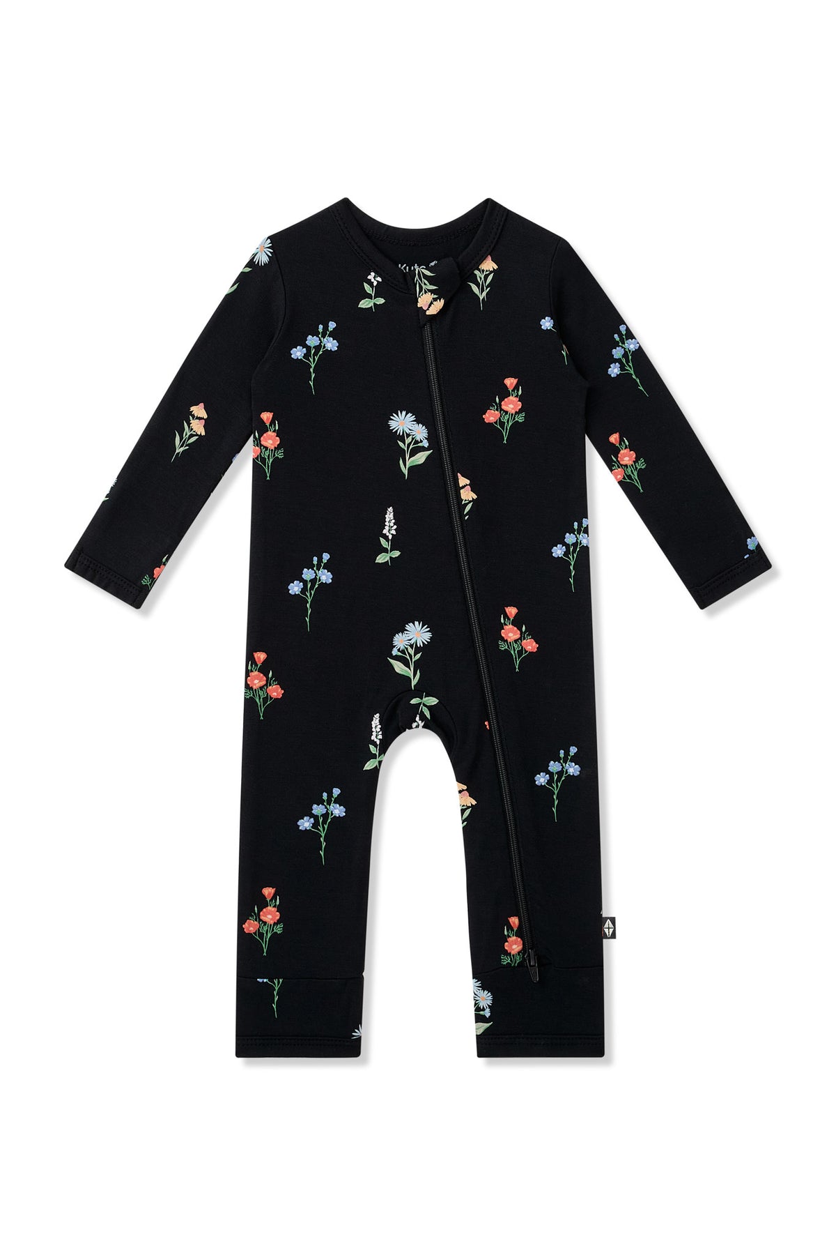Black Zippered Romper in Wildflower print on a white background
