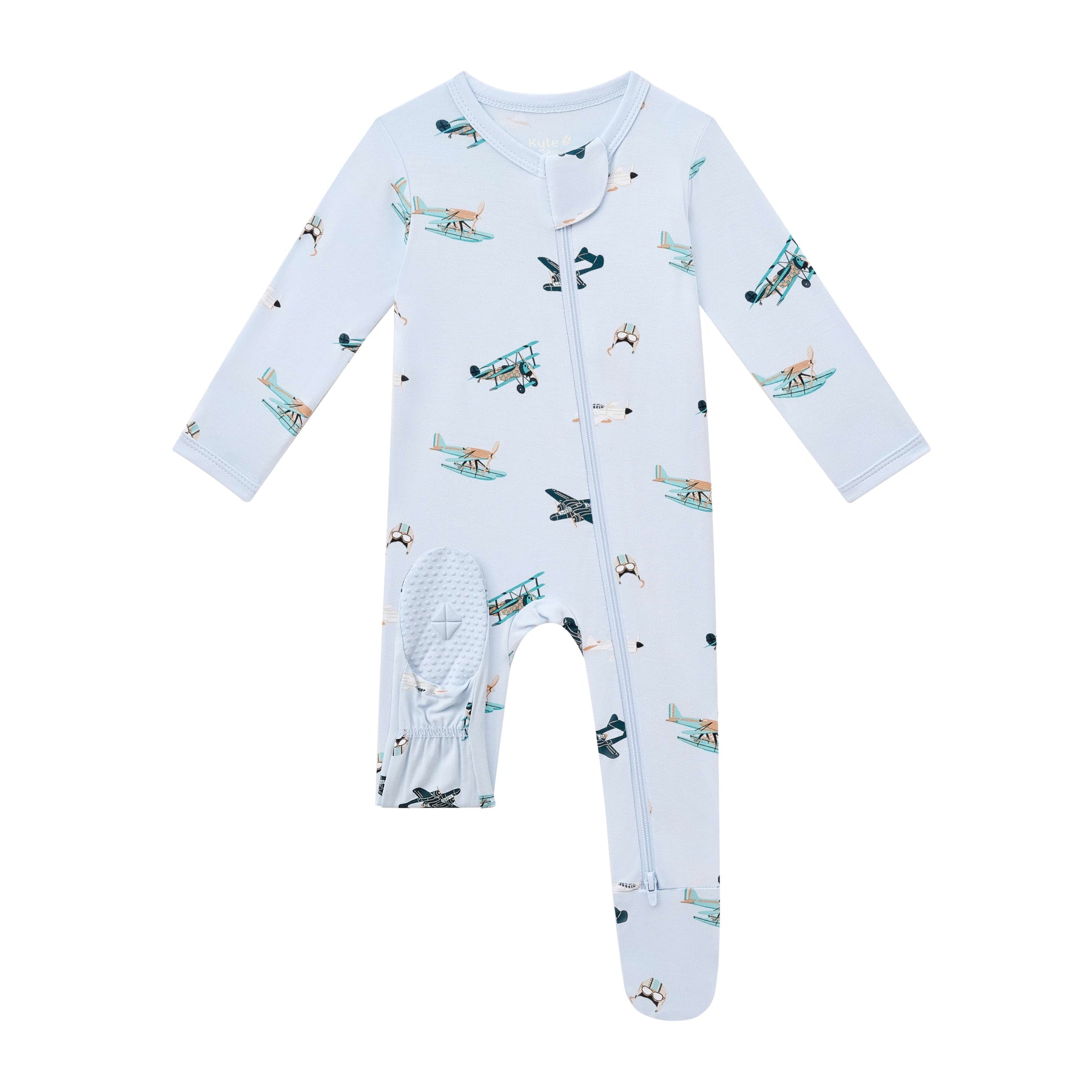 The baby blue foot pad shown on the Zippered Footie in Take Off