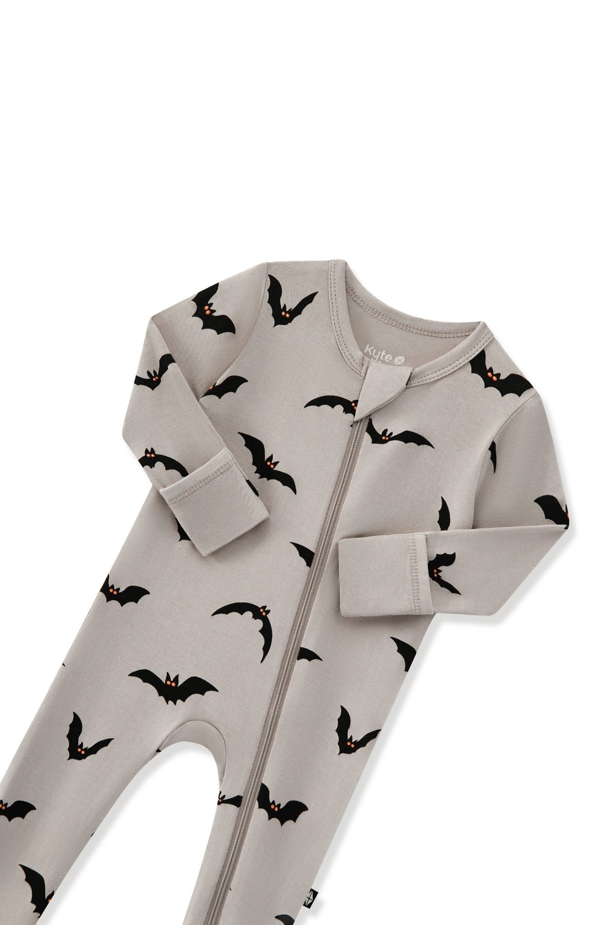 Zippered Footie in Bats print with zipper garage on a white background