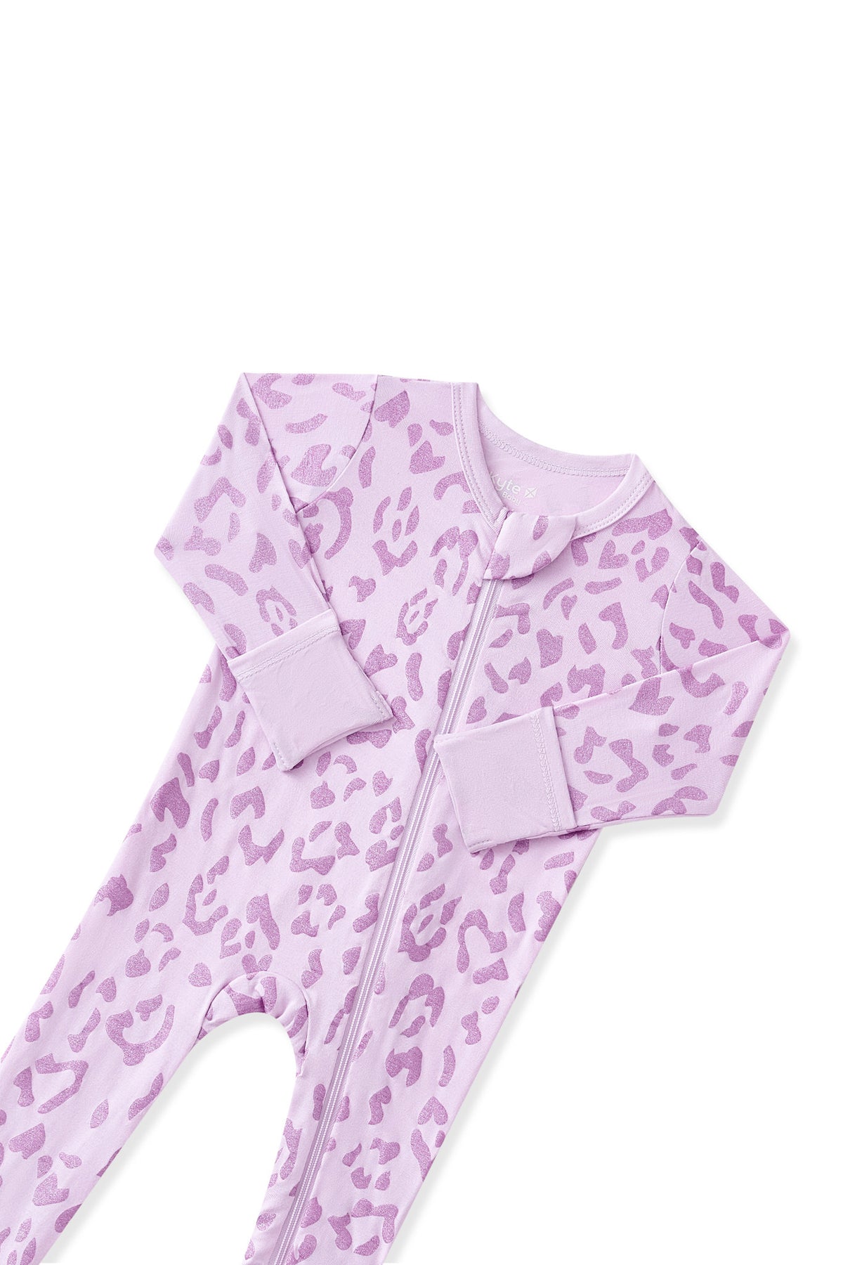 Top part of Zippered Footie in Thistle Leopard print on white background