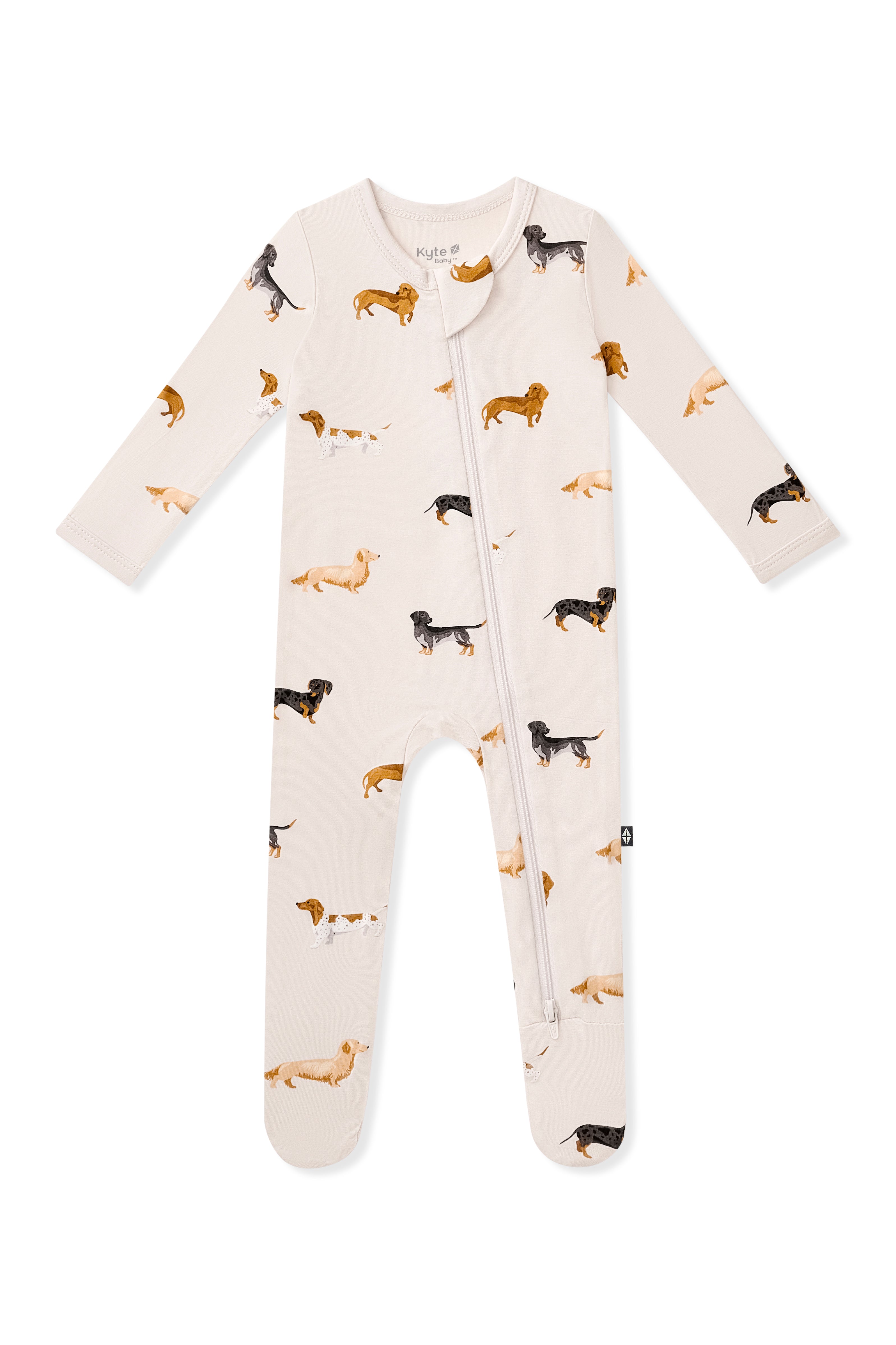 Beige Zippered Footie in Dachshund print on white background