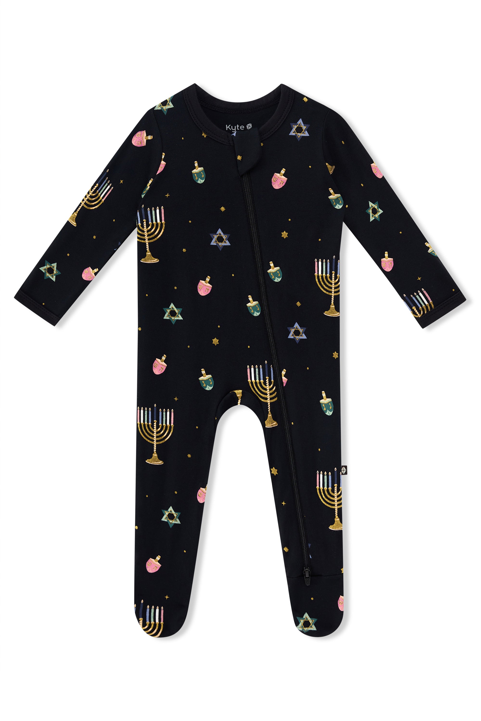 Black Zippered Footie in Hanukkah Nights print on a white background