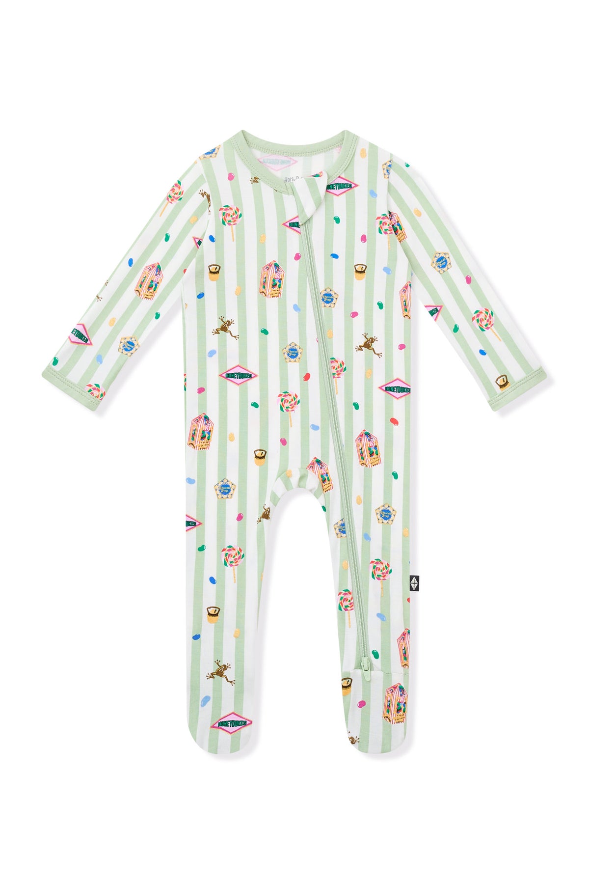 Green and white striped zippered footie with colorful Harry Potter patterns on a white background