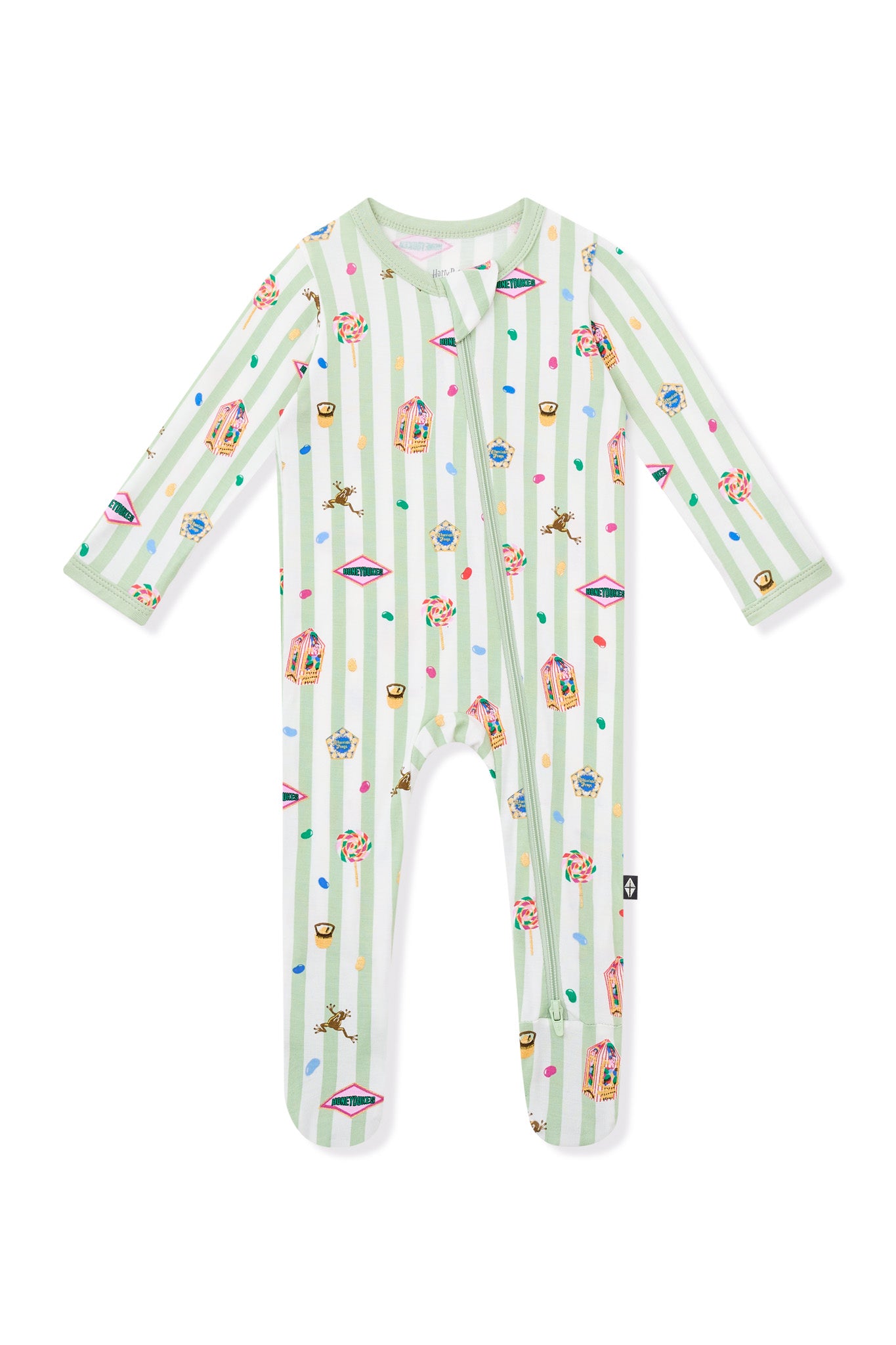 Green and white striped zippered footie with colorful Harry Potter patterns on a white background