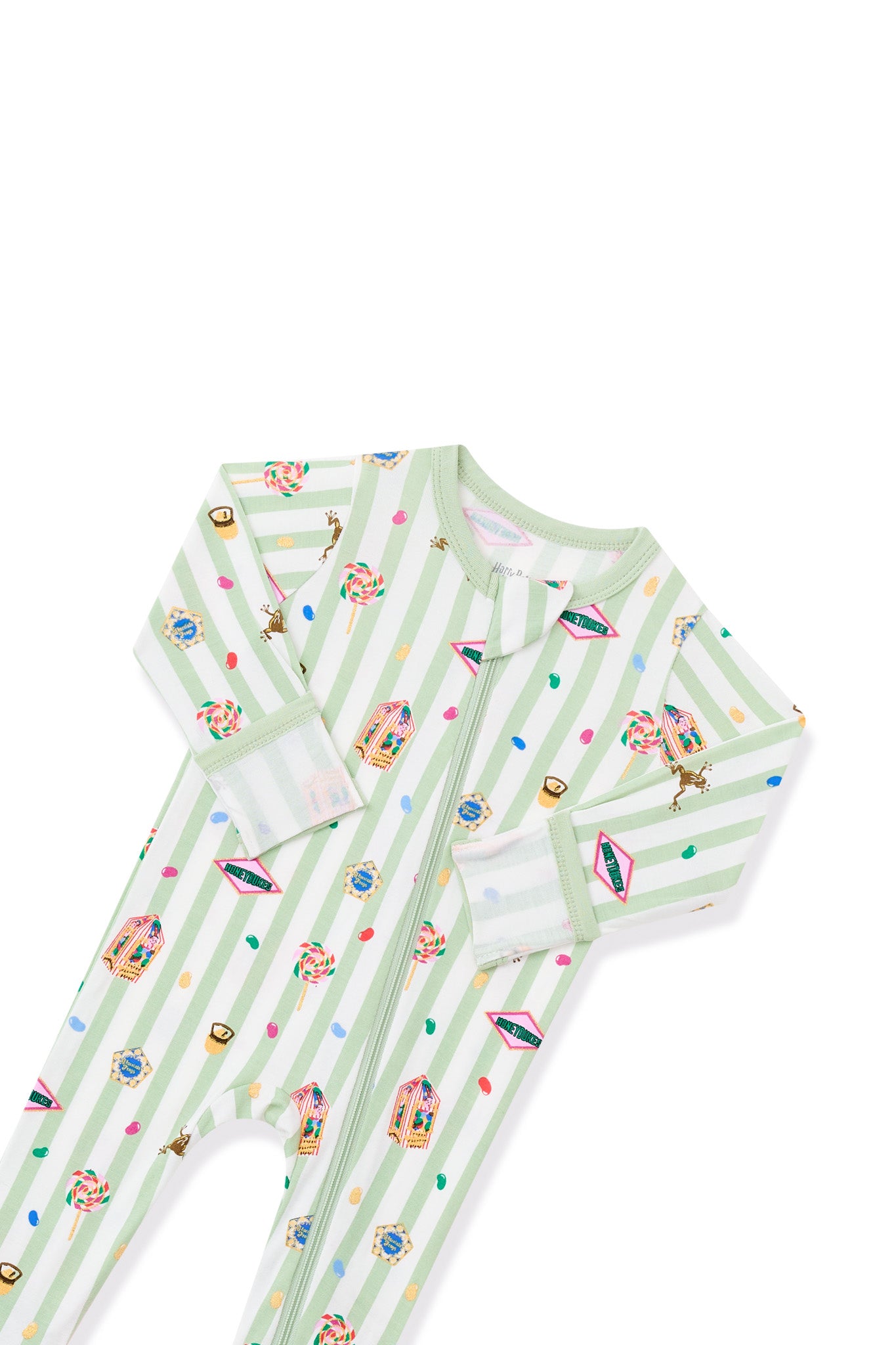 Top part of Green and white striped zippered footie with colorful Harry Potter patterns on a white background